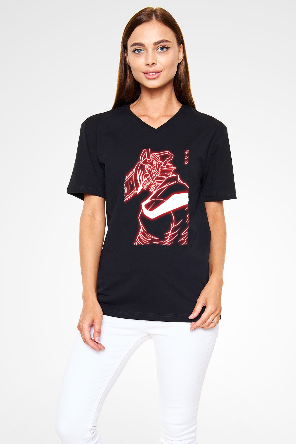 Chainsaw Man Baskılı Unisex Siyah V Yaka Tişört - Tshirt