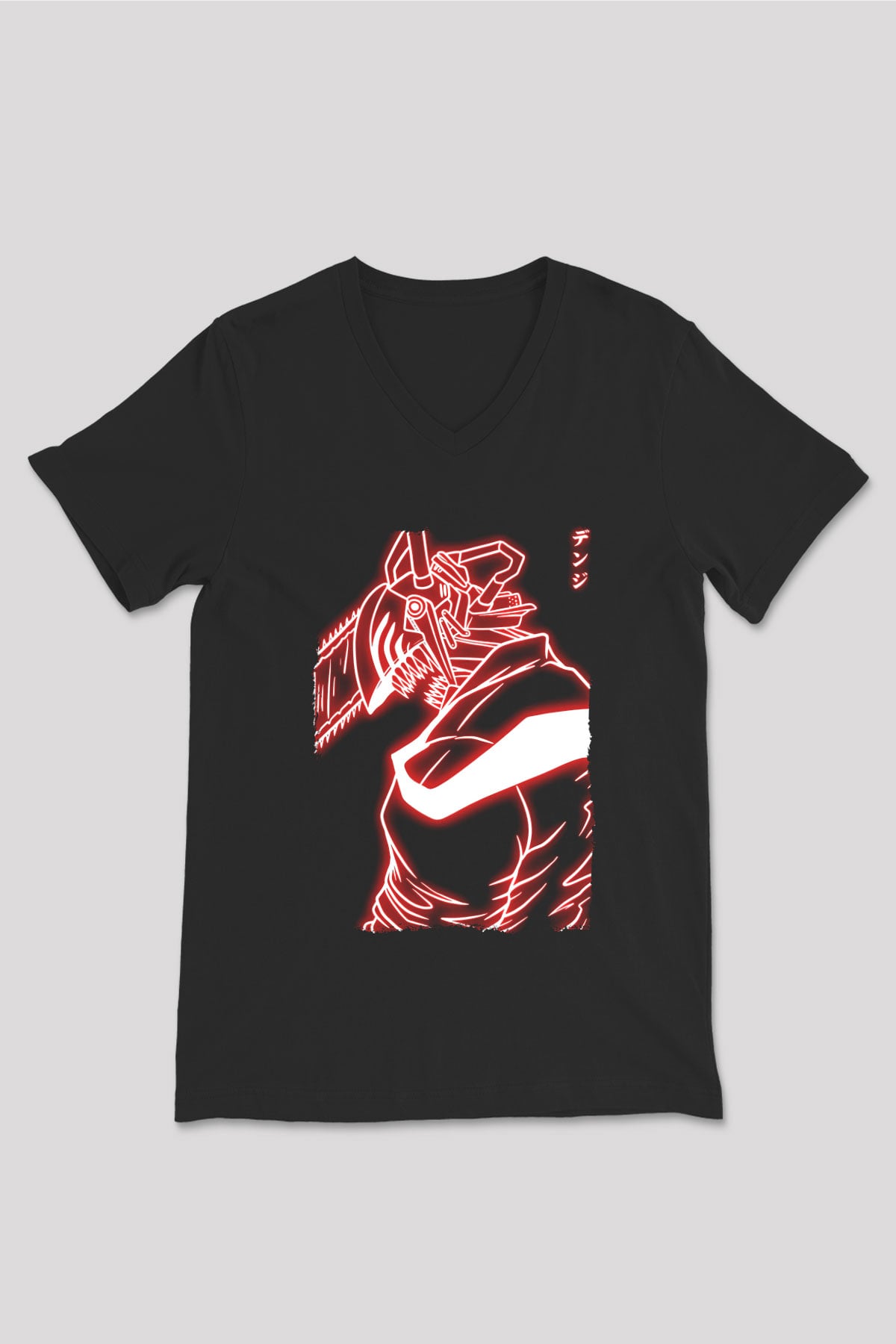 Chainsaw Man Baskılı Unisex Siyah V Yaka Tişört - Tshirt
