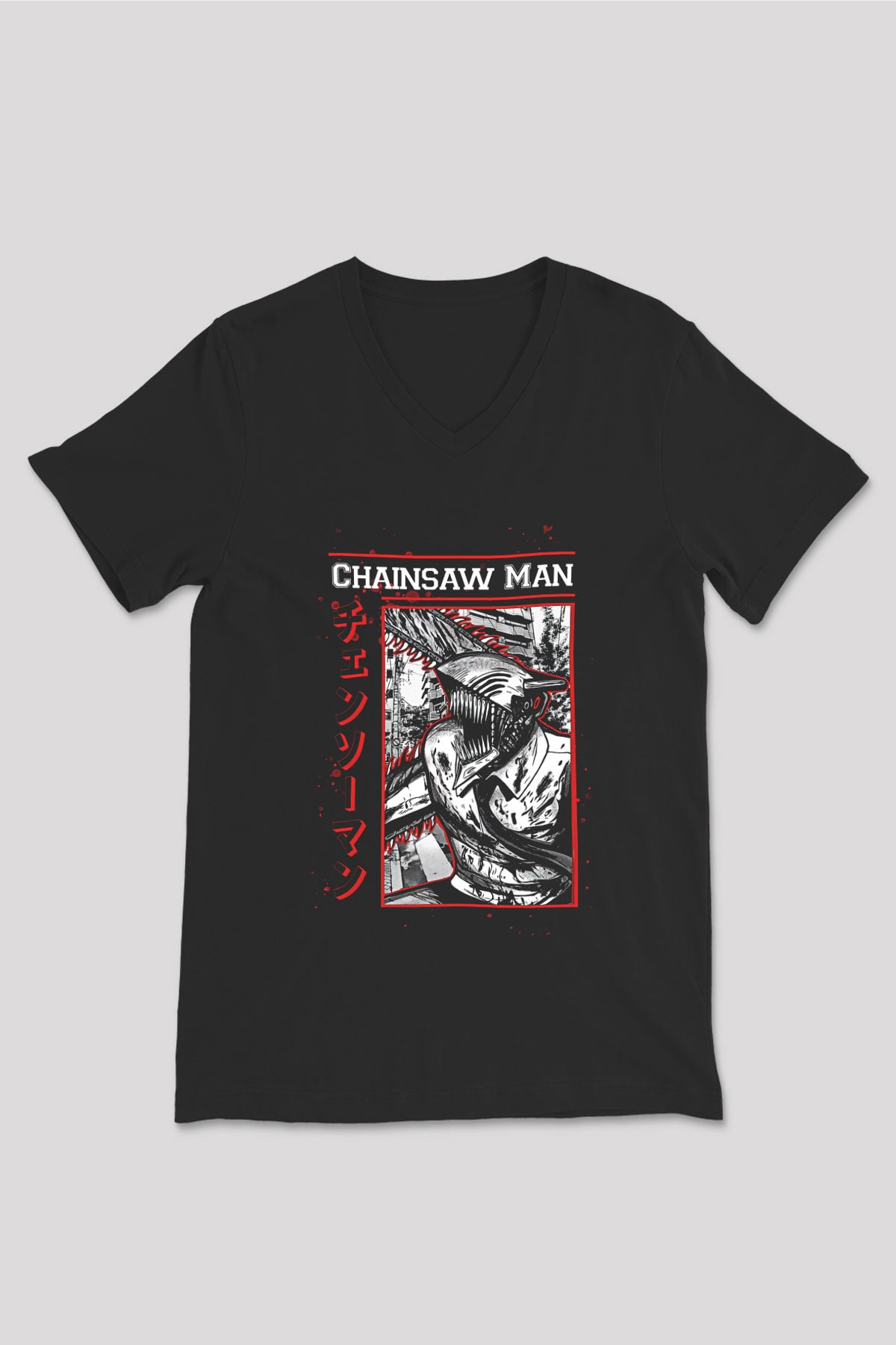 Chainsaw Man Baskılı Unisex Siyah V Yaka Tişört - Tshirt
