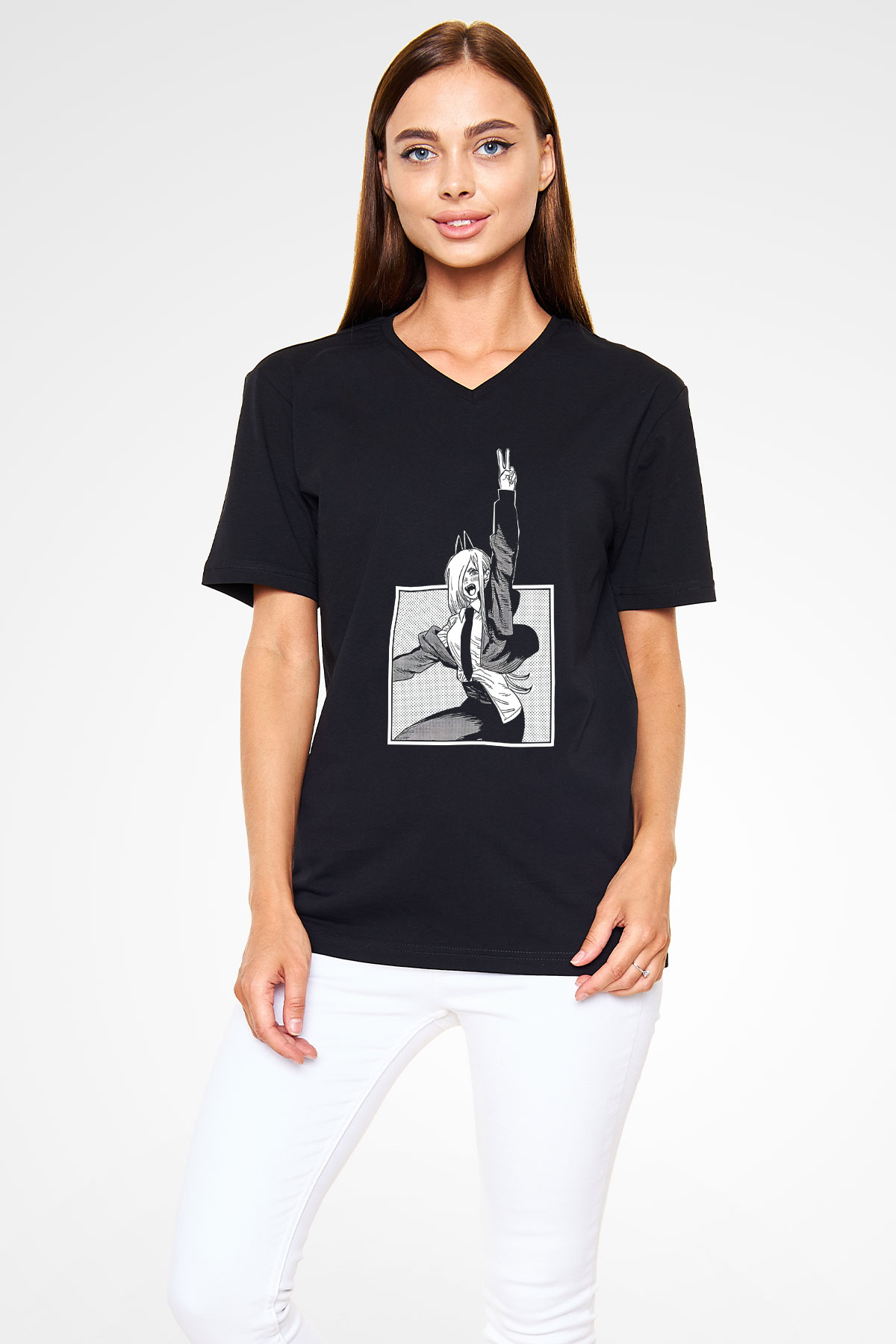 Chainsaw Man Baskılı Unisex Siyah V Yaka Tişört - Tshirt