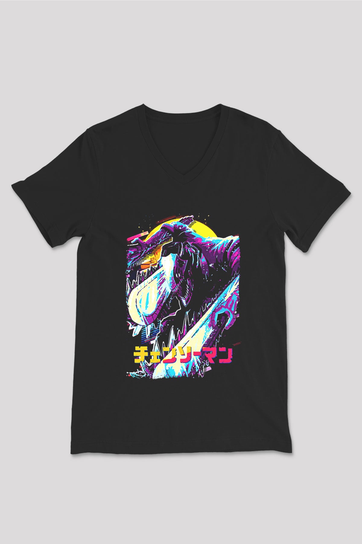 Chainsaw Man Baskılı Unisex Siyah V Yaka Tişört - Tshirt