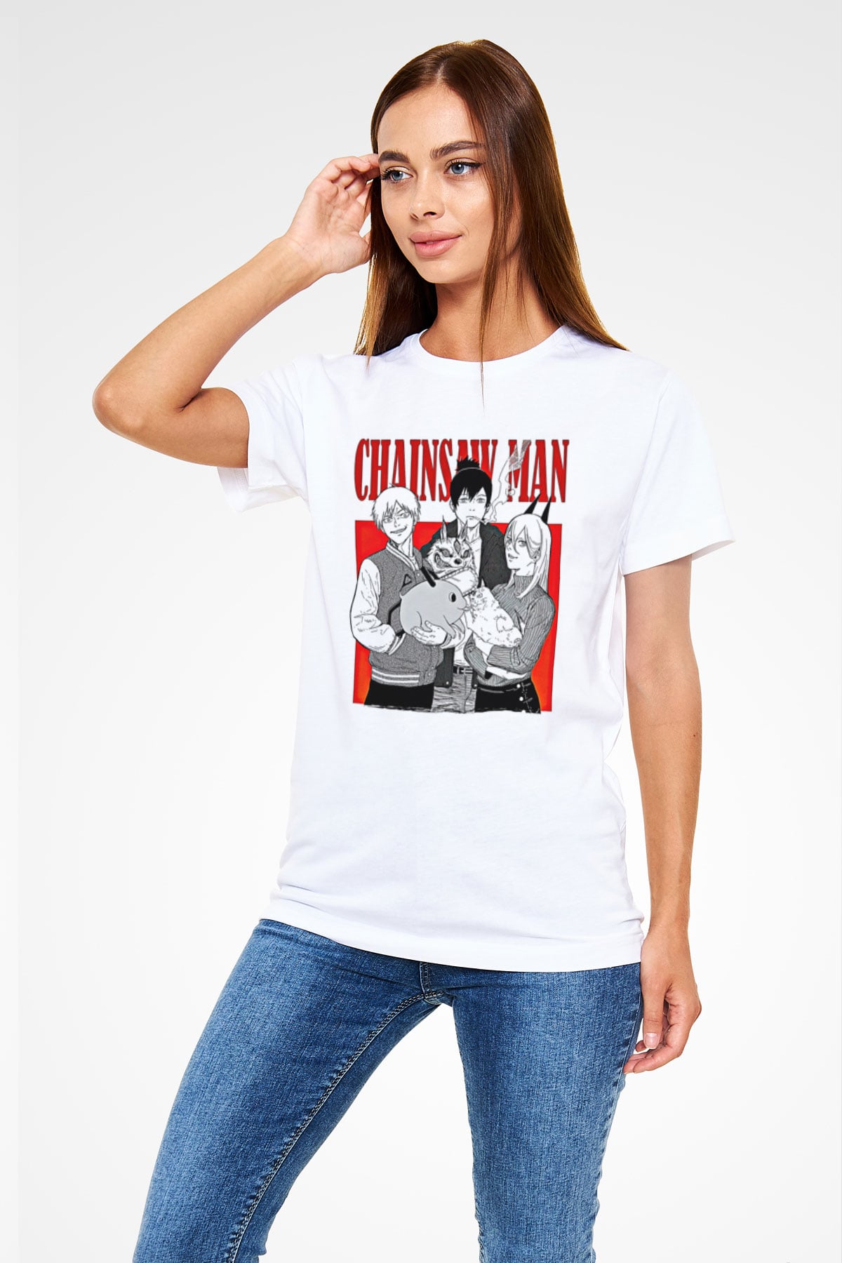 Chainsaw Man Unisex Baskılı Beyaz Tişört - Tshirt