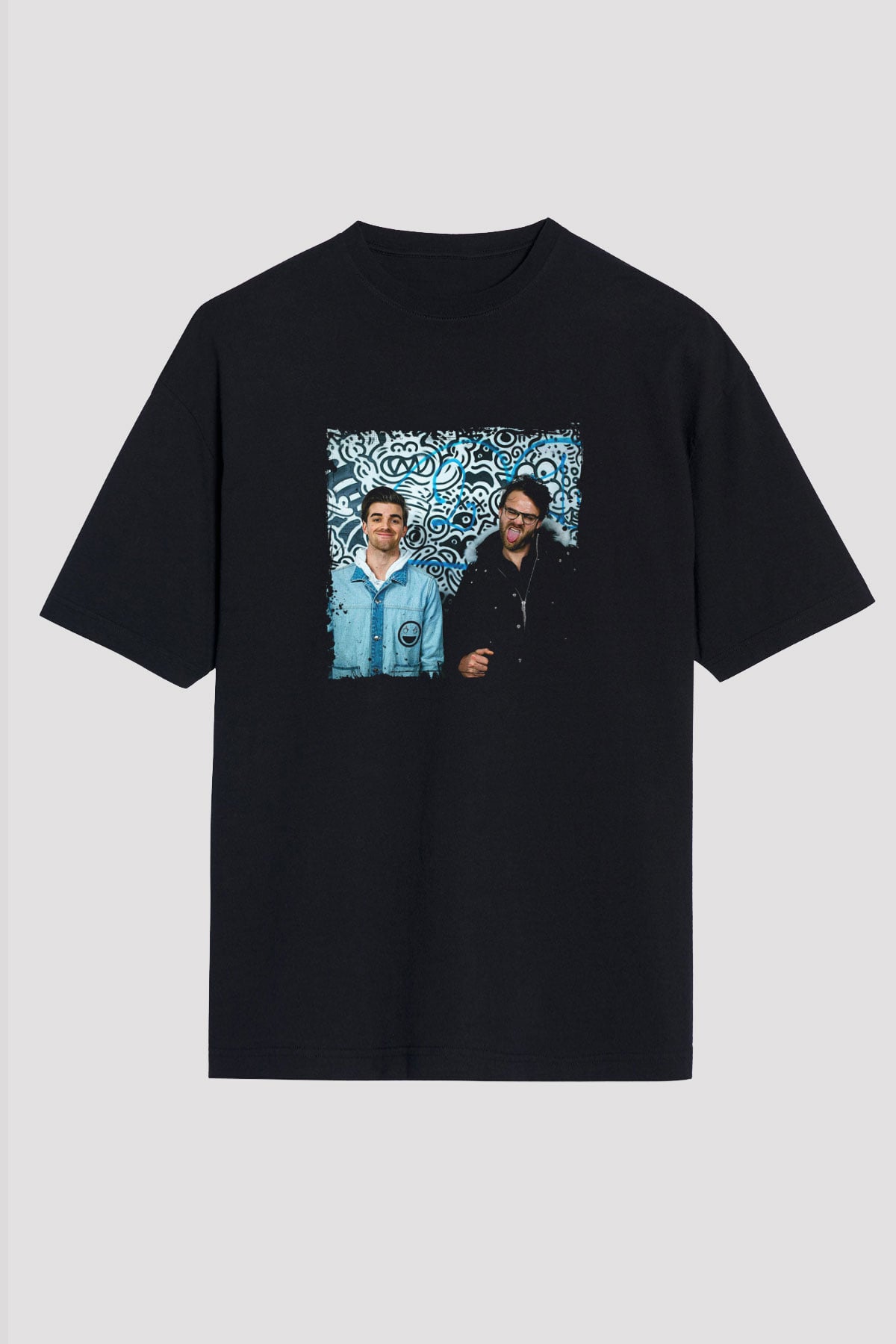 Chainsmokers Baskılı Unisex Oversize Siyah Tişört