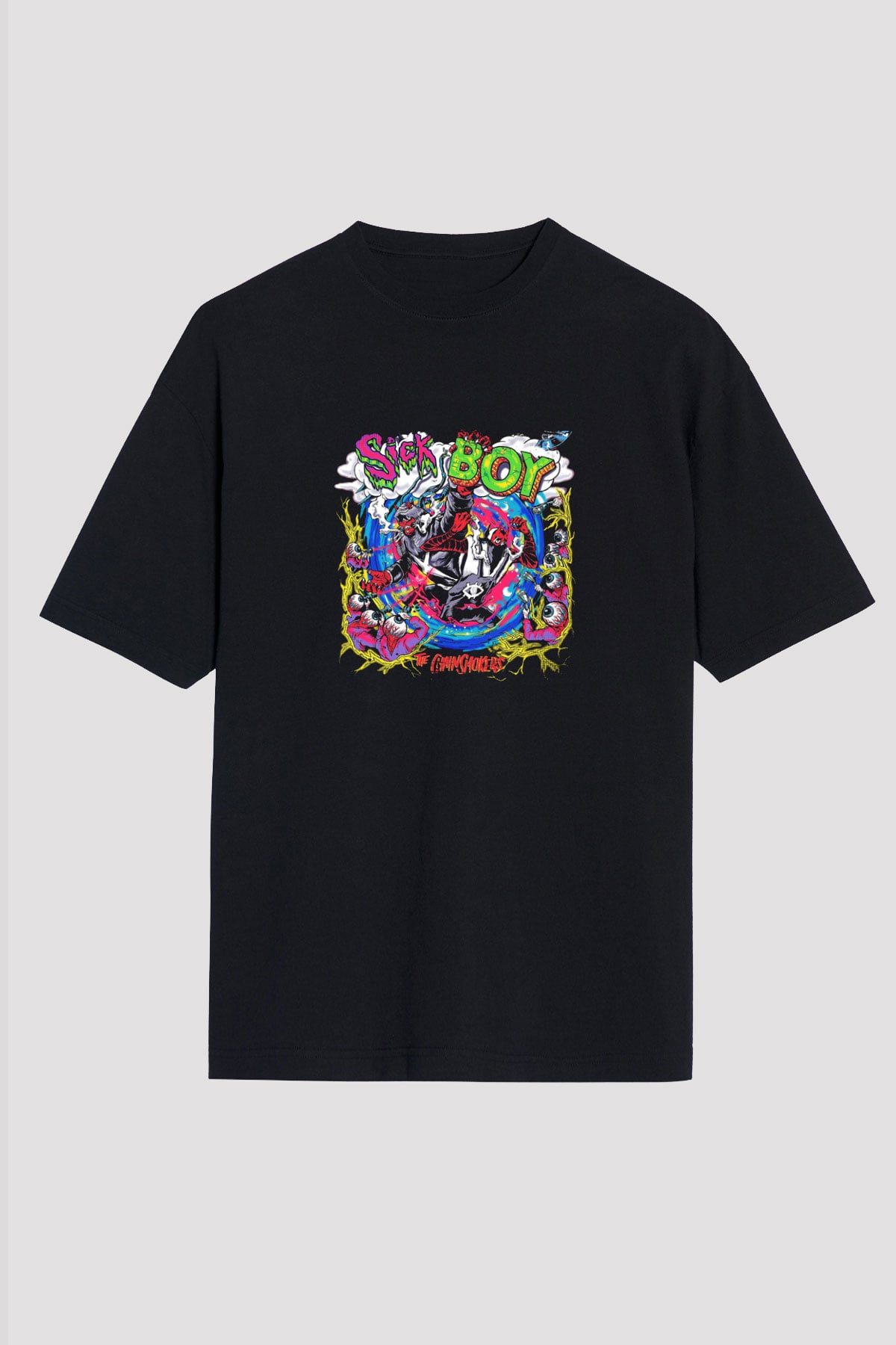Chainsmokers Baskılı Unisex Oversize Siyah Tişört