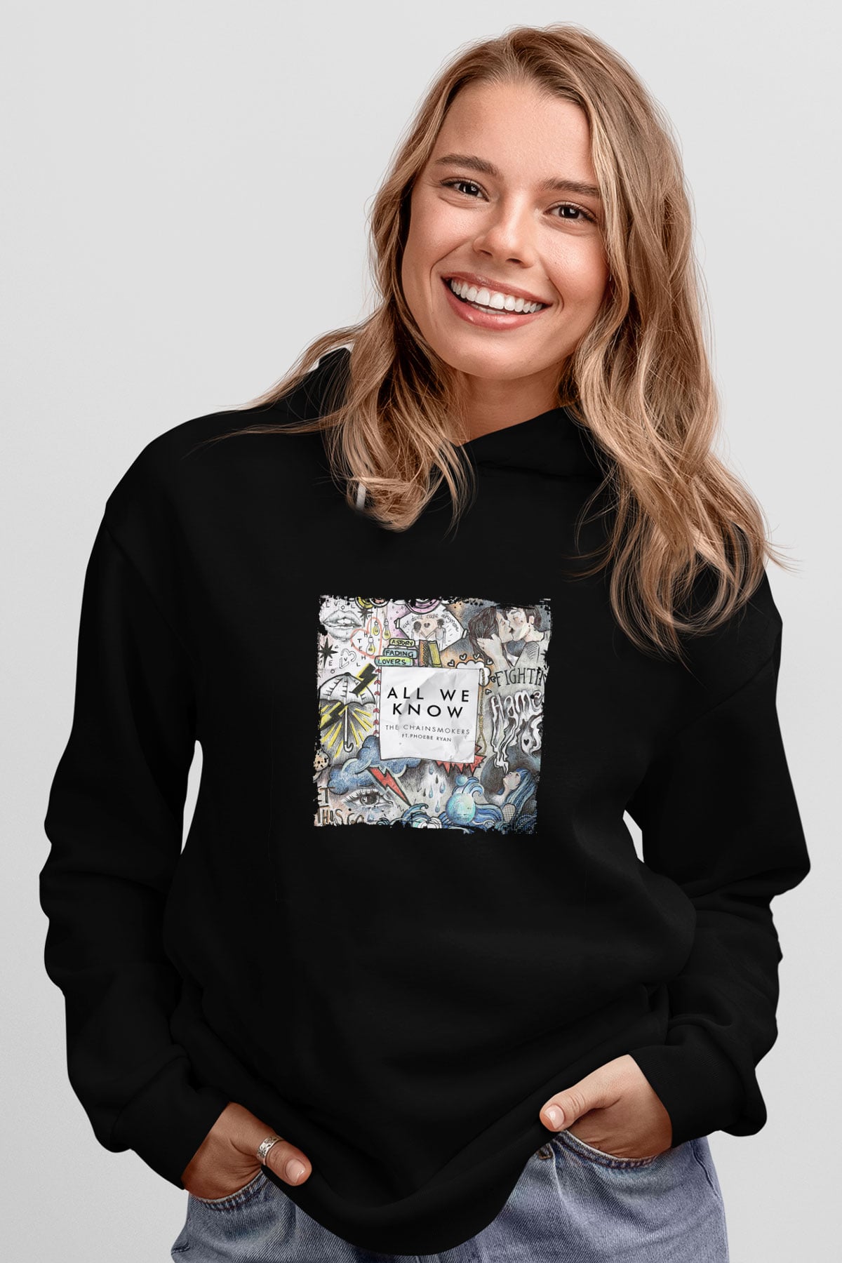 Chainsmokers Baskılı Unisex Siyah Hoodie