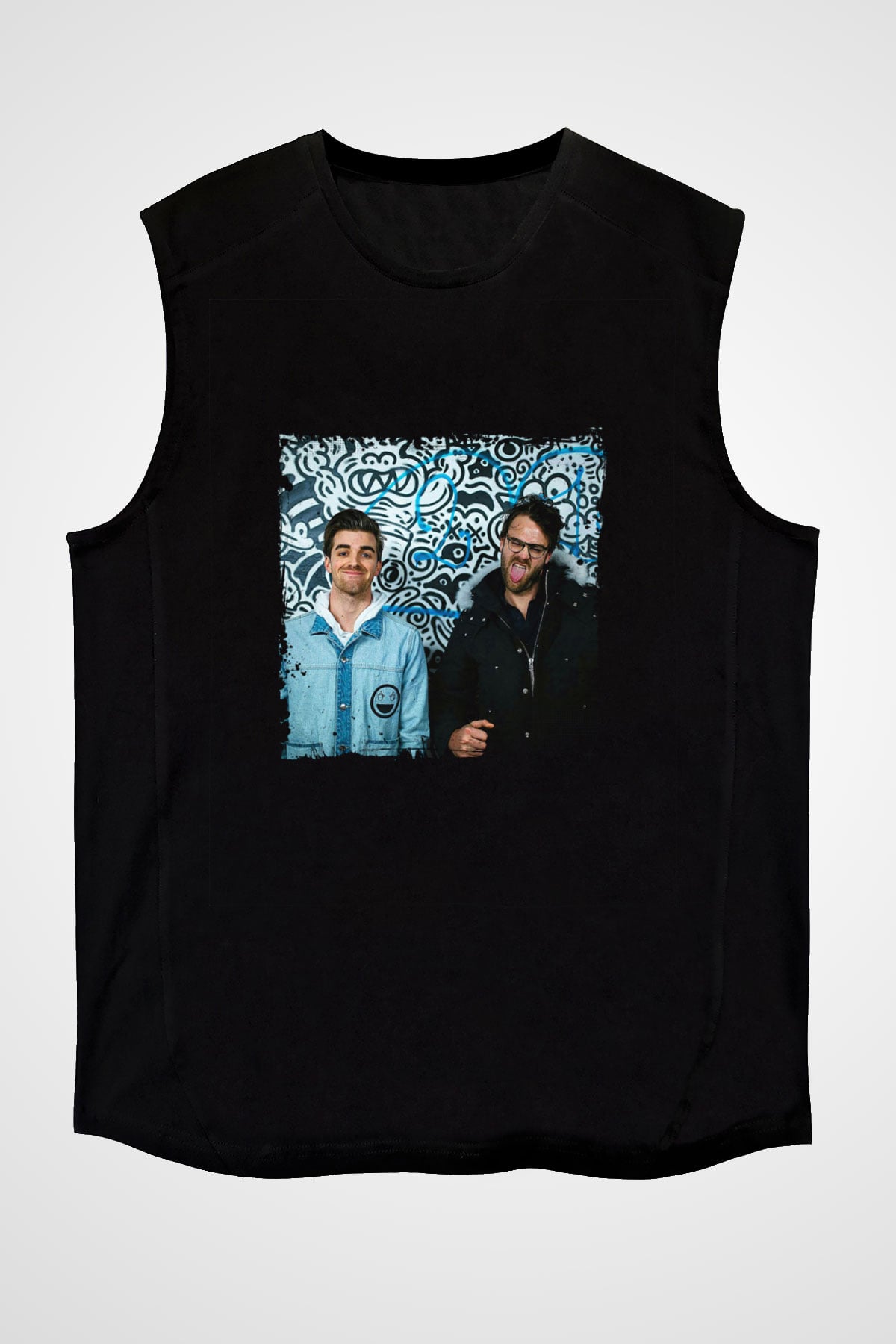 Chainsmokers Baskılı Unisex Siyah Kolsuz Tişört