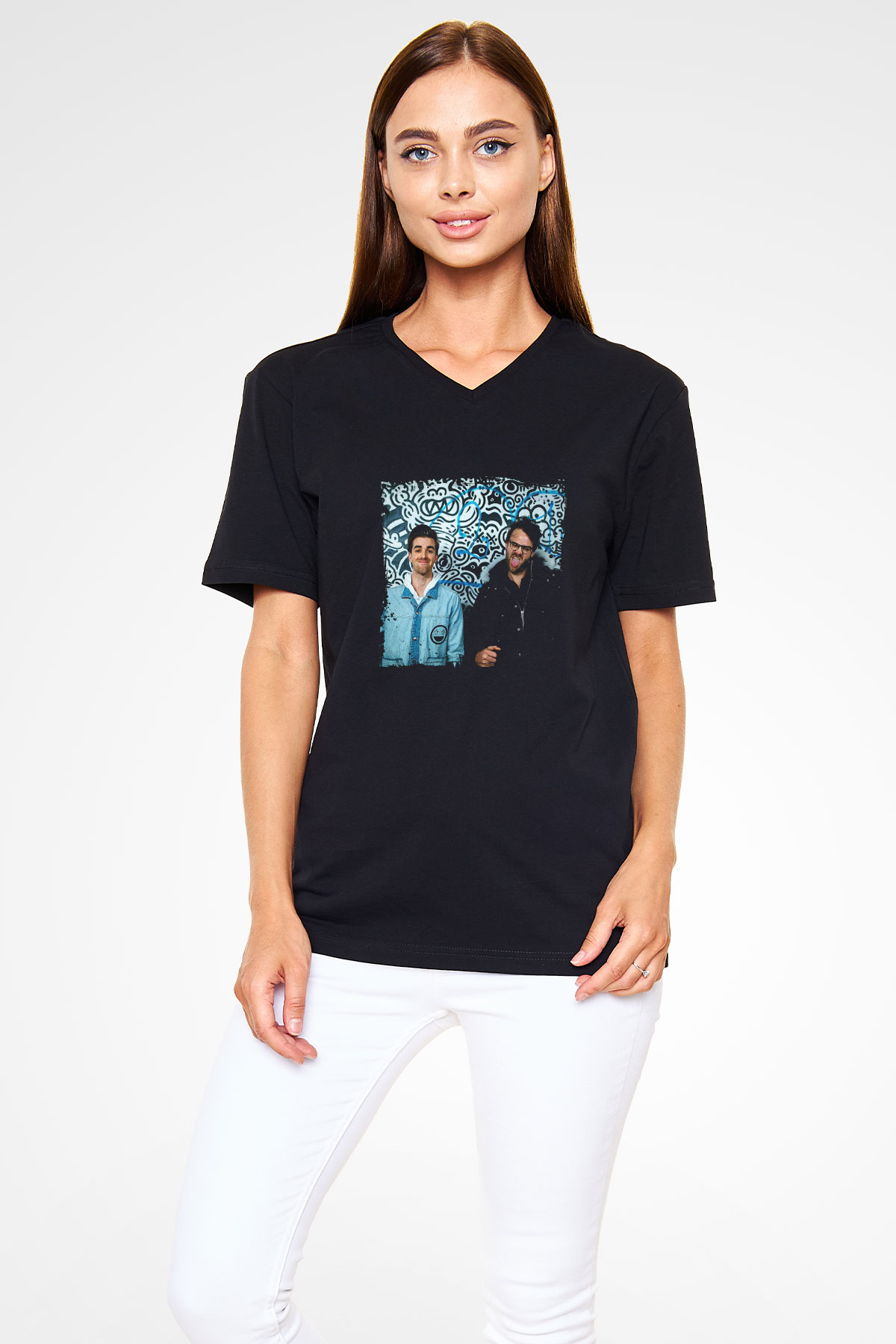 Chainsmokers Baskılı Unisex Siyah V Yaka Tişört