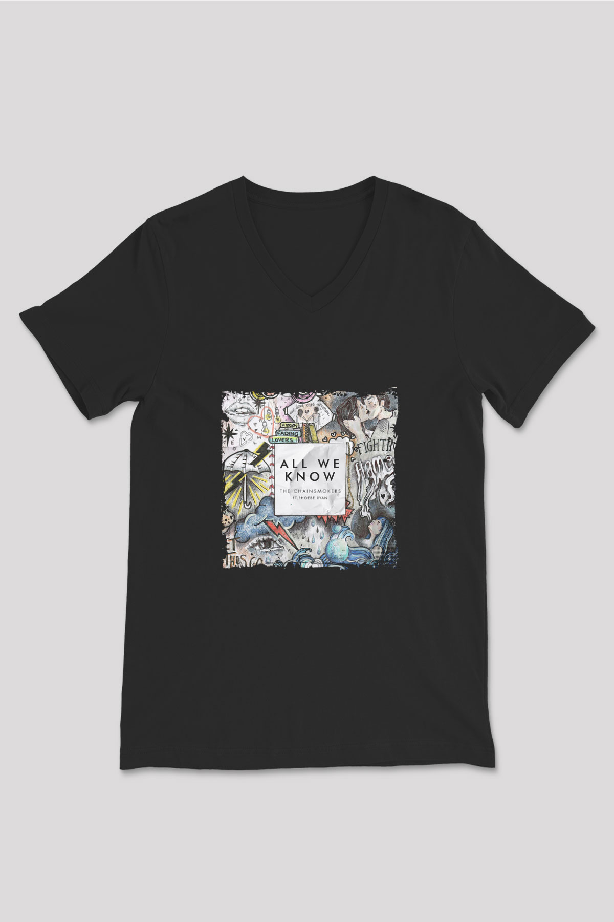Chainsmokers Baskılı Unisex Siyah V Yaka Tişört