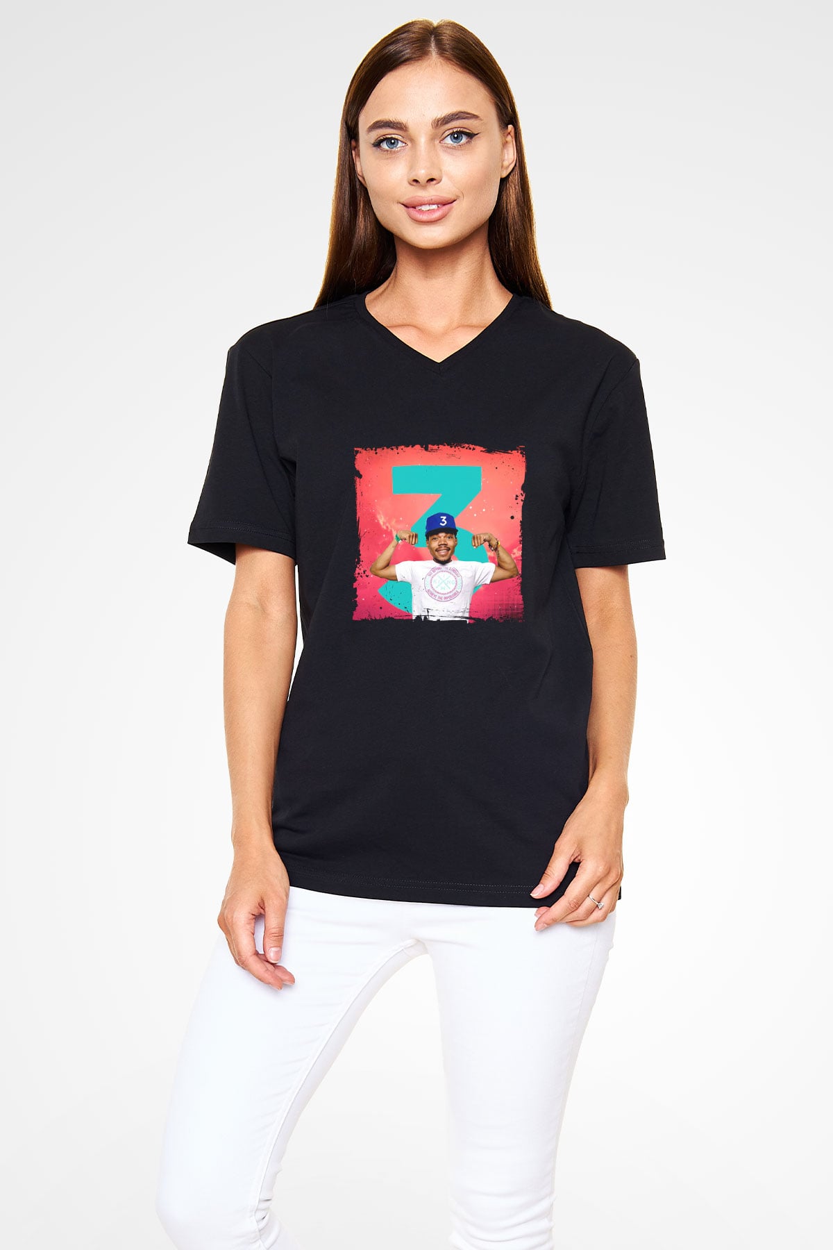 Chance The Rapper Baskılı Unisex Siyah V Yaka Tişört