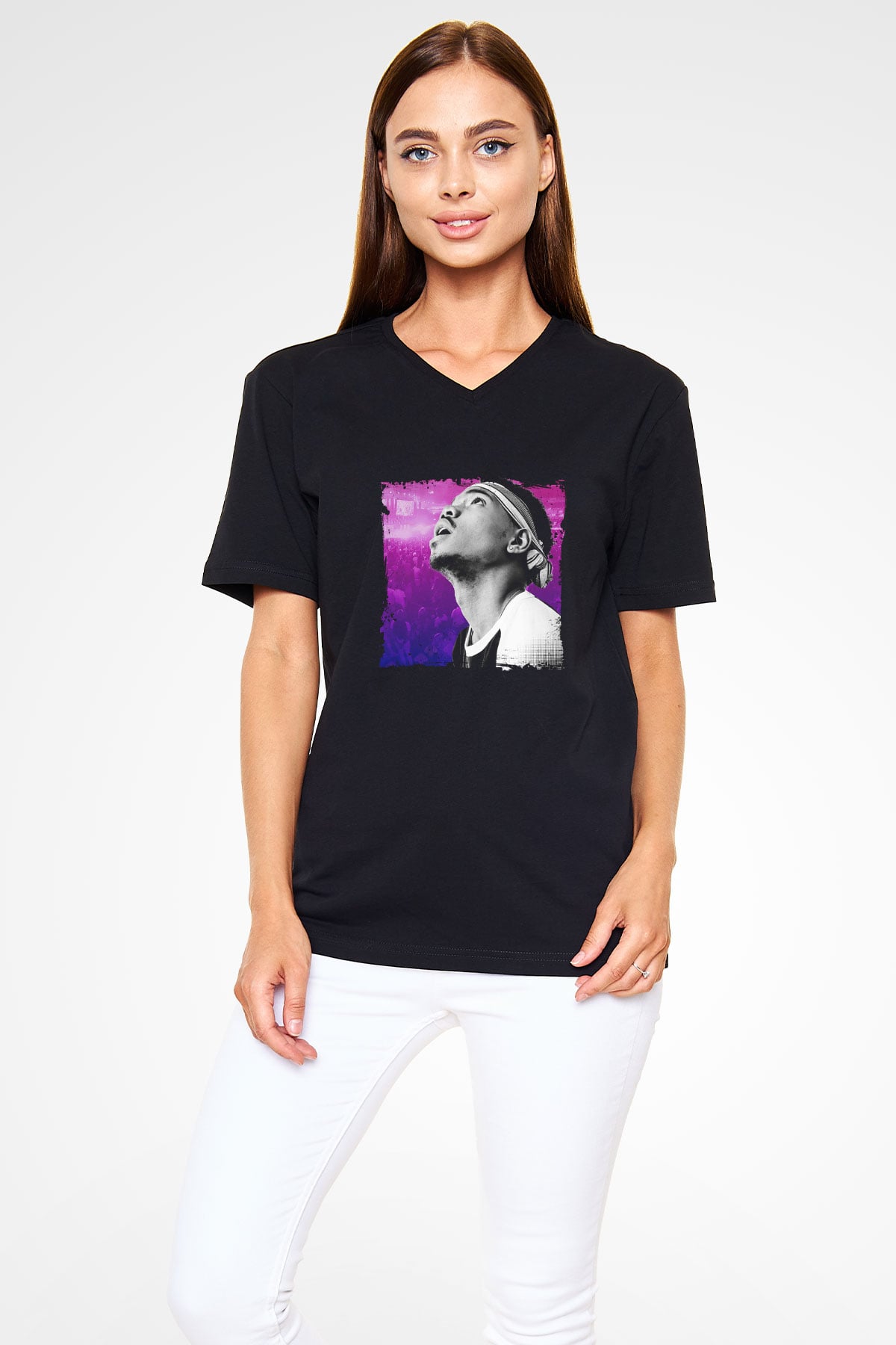 Chance The Rapper Baskılı Unisex Siyah V Yaka Tişört