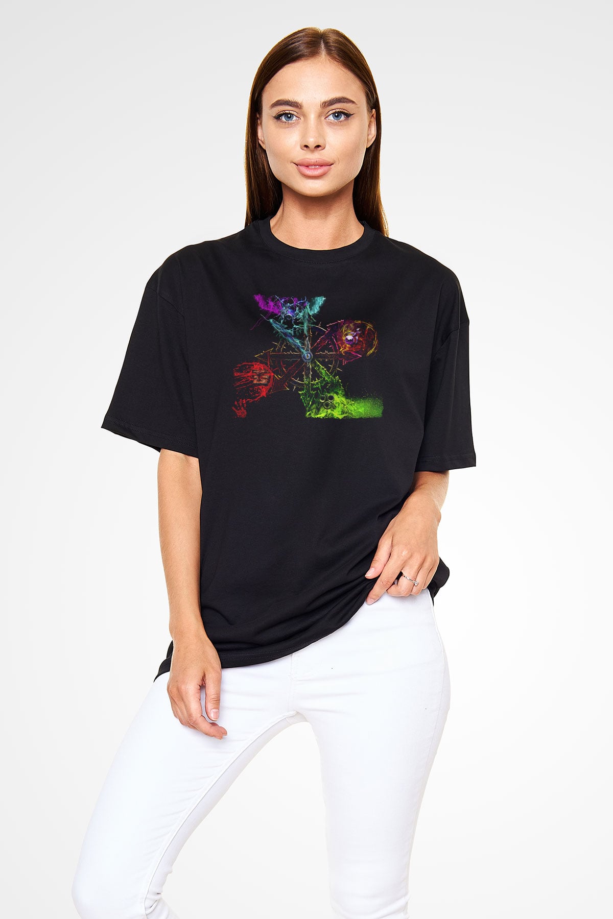 Chaos UK Baskılı Unisex Siyah Oversize Tişört - Tshirt
