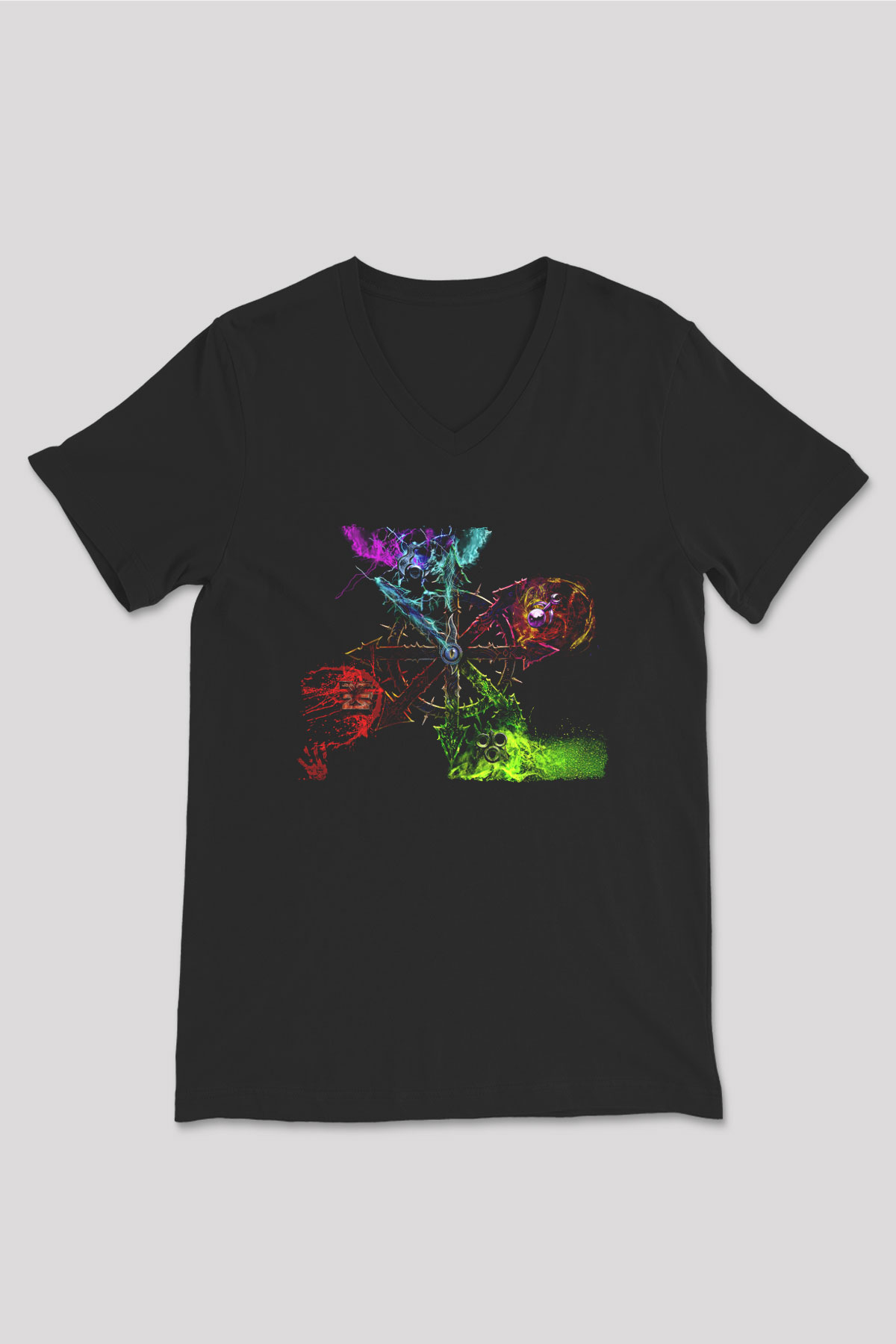 Chaos UK Baskılı Unisex Siyah V Yaka Tişört - Tshirt