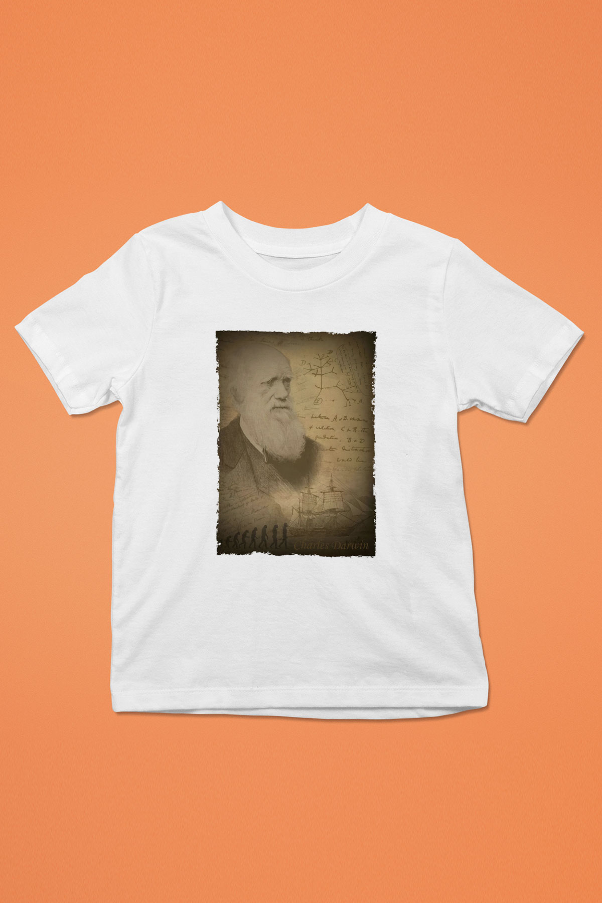 Charles Darwin Baskılı Unisex Beyaz Çocuk Tişörtü - Tshirt