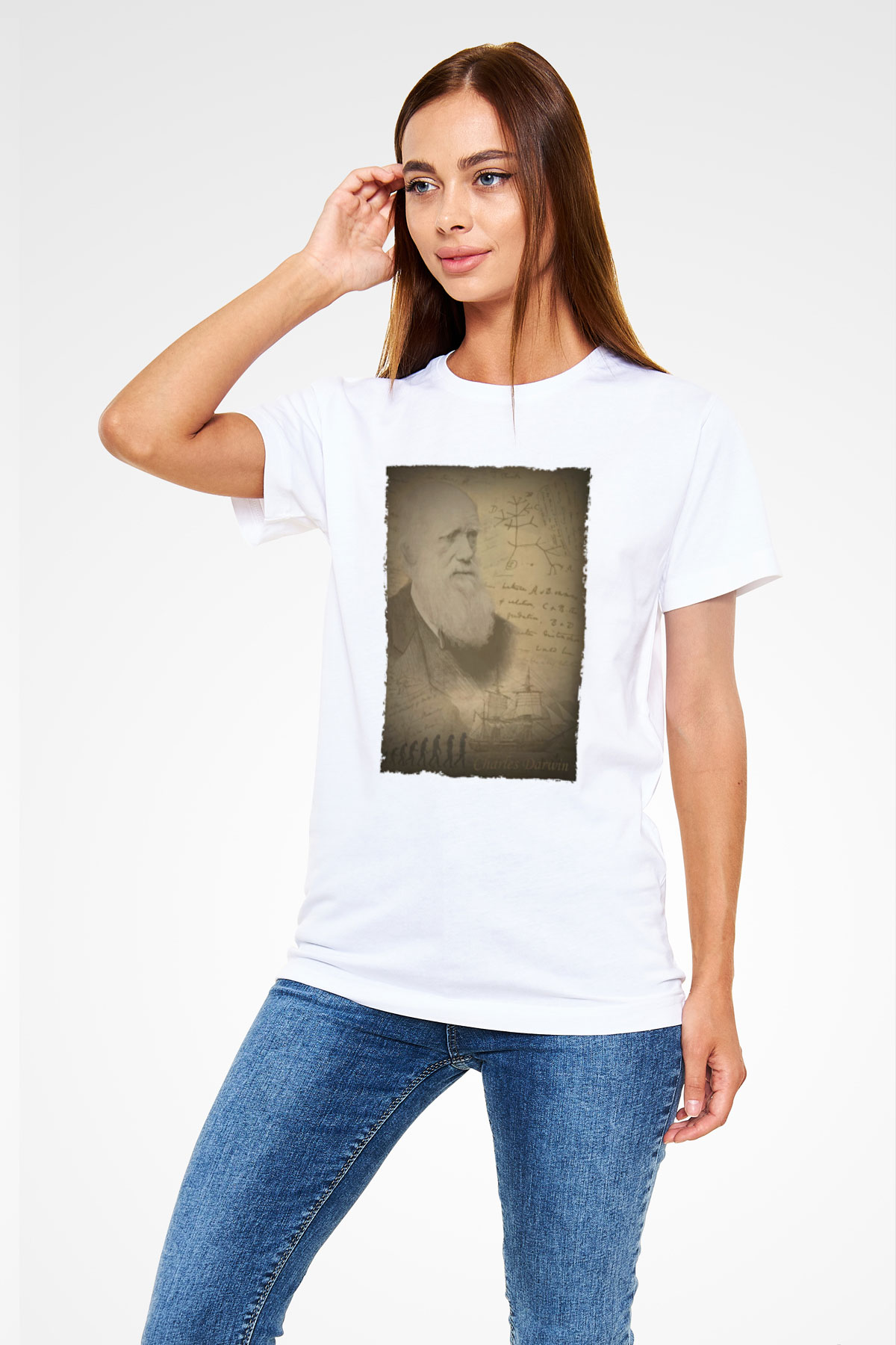 Charles Darwin Baskılı Unisex Beyaz Tişört - Tshirt