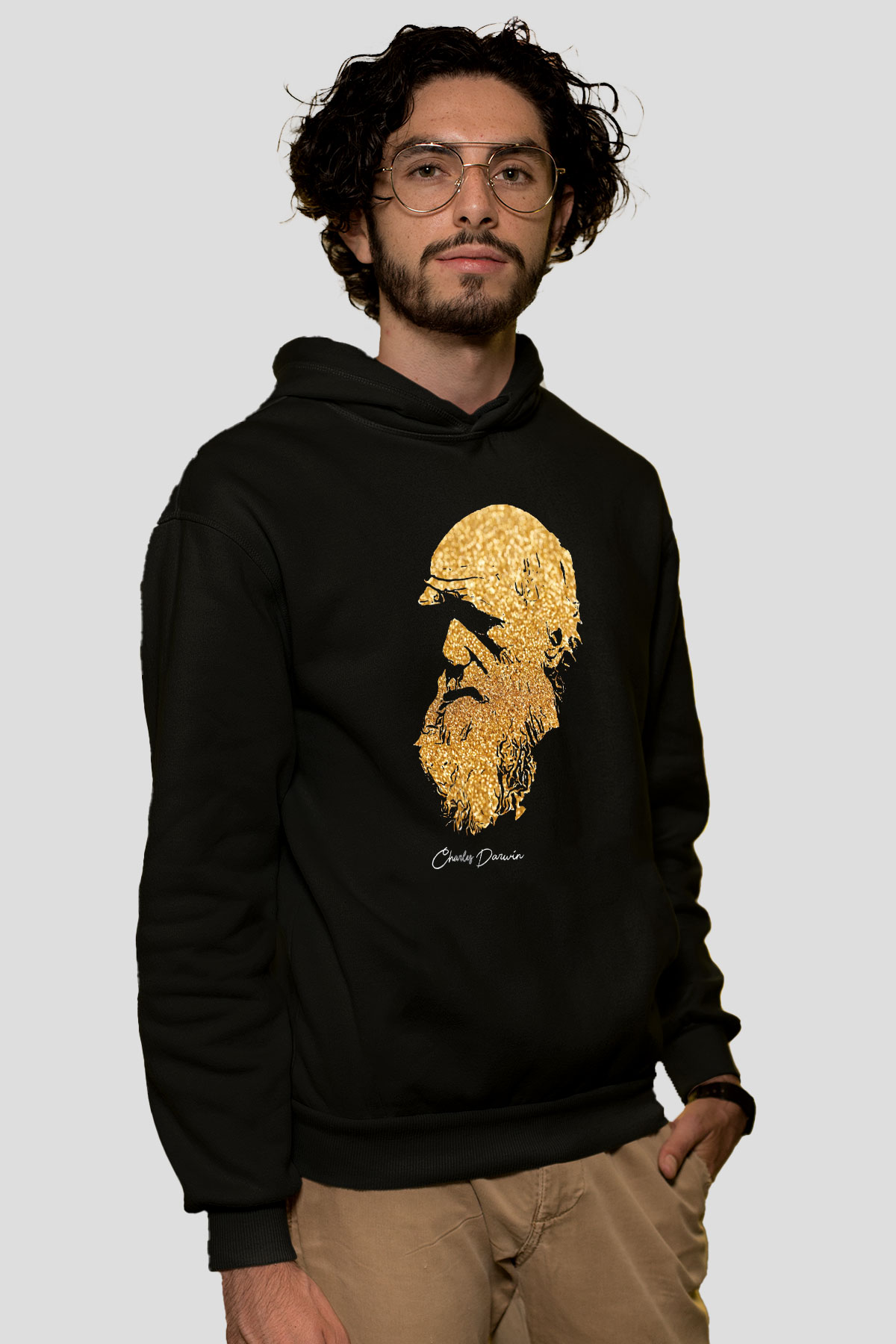 Charles Darwin Baskılı Unisex Siyah Hoodie