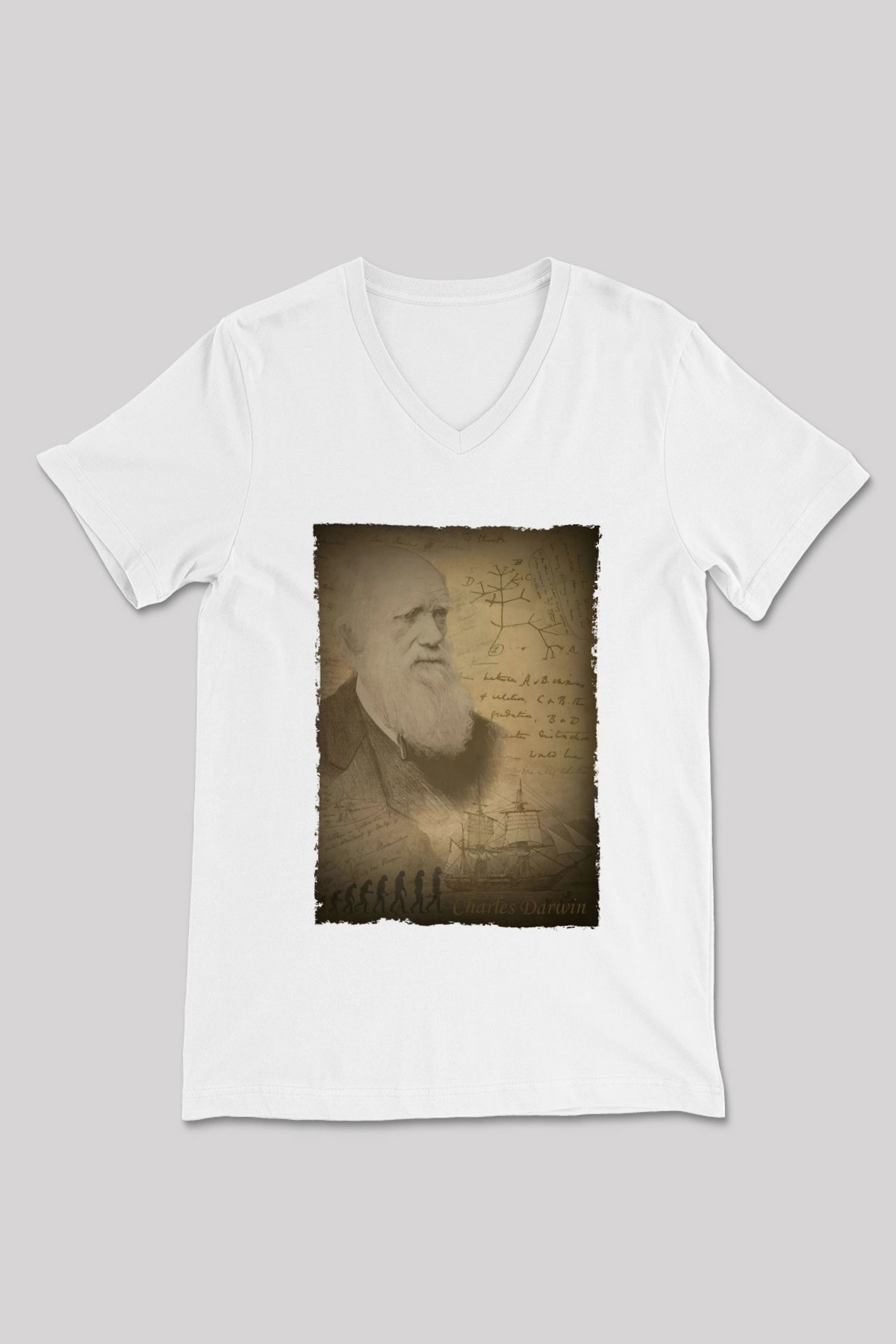Charles Darwin Baskılı Unisex V Yaka Beyaz Tişört - Tshirt