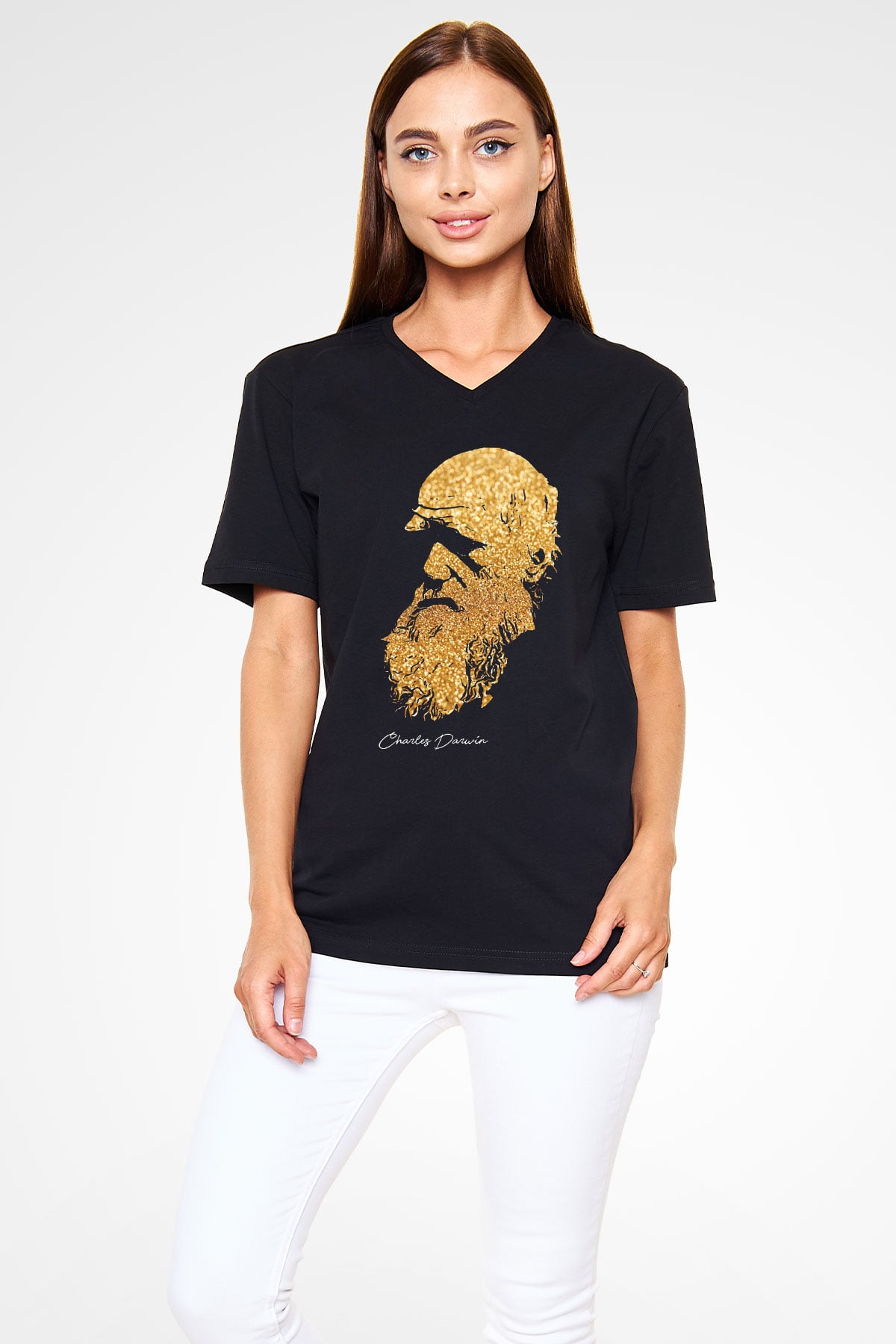 Charles Darwin Baskılı Unisex V Yaka Siyah Tİşört - Tshirt