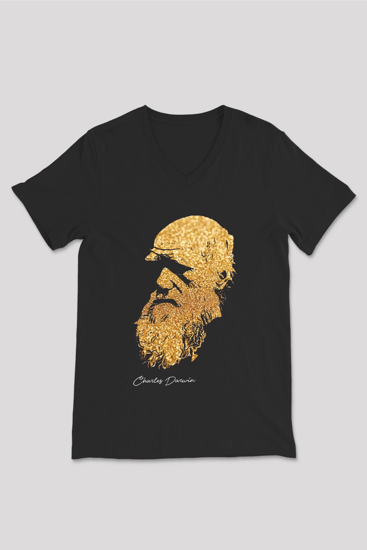 Charles Darwin Baskılı Unisex V Yaka Siyah Tİşört - Tshirt