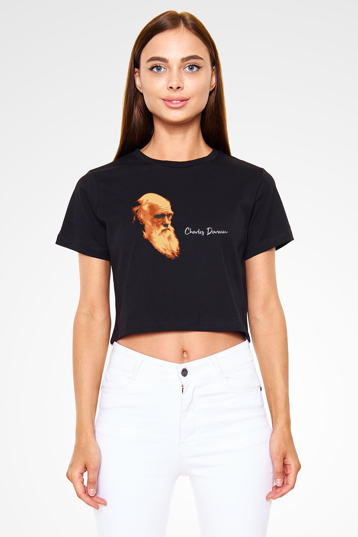 Charles Darwin Görseli Baskılı Siyah Kadın Crop Top Tişört