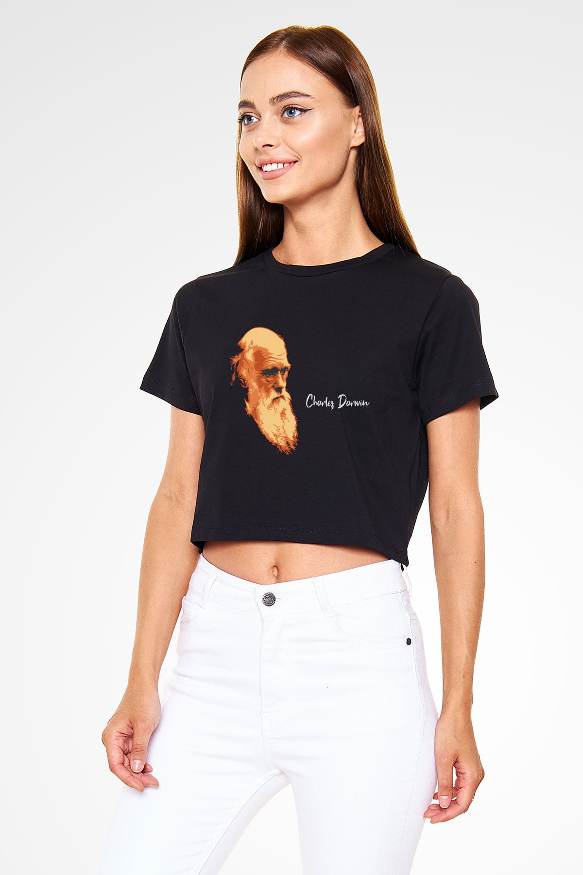 Charles Darwin Görseli Baskılı Siyah Kadın Crop Top Tişört