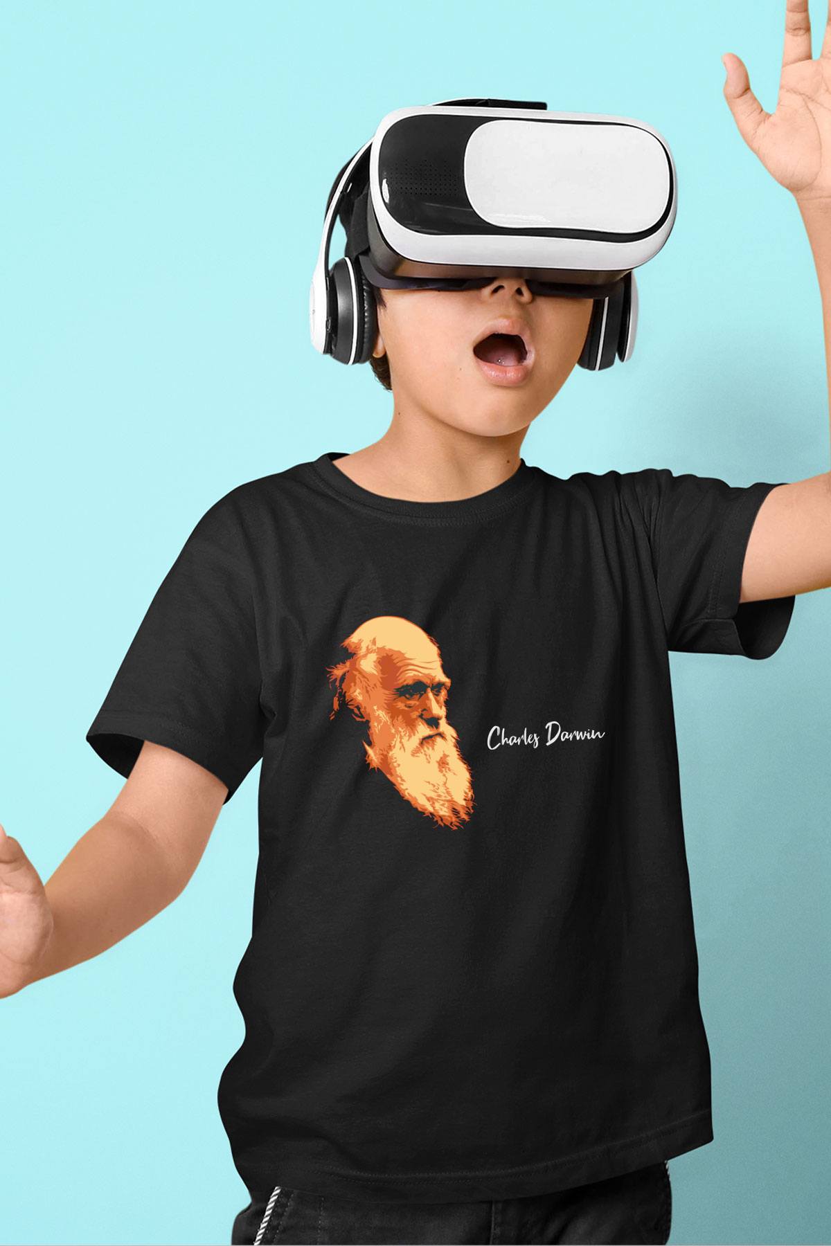Charles Darwin Görseli Baskılı Unisex Siyah Çocuk Tişört