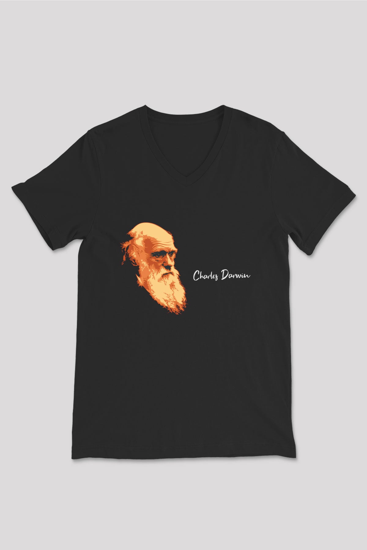 Charles Darwin Görseli Baskılı Unisex Siyah V Yaka Tişört