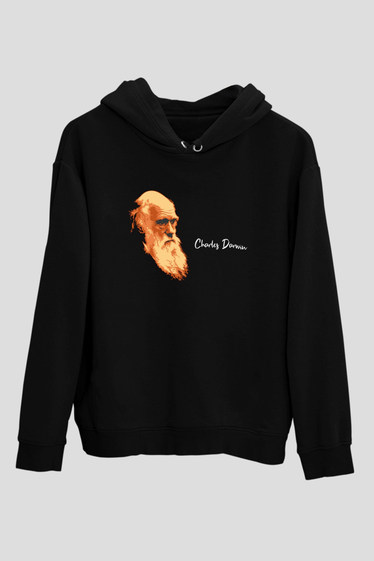 Charles Darwin Görseli Baskılı Unisex Siyah Hoodie