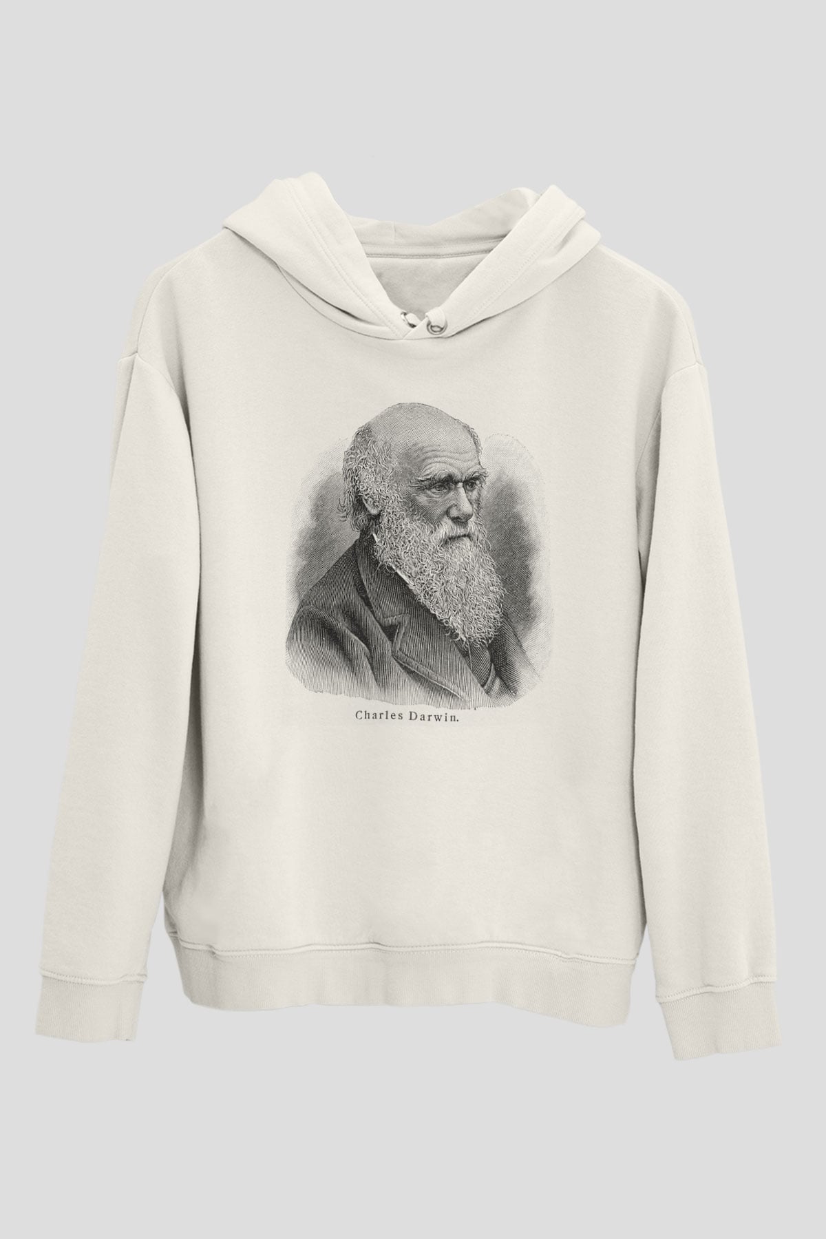 Charles Darwin Portre Baskılı Unisex Beyaz Hoodie