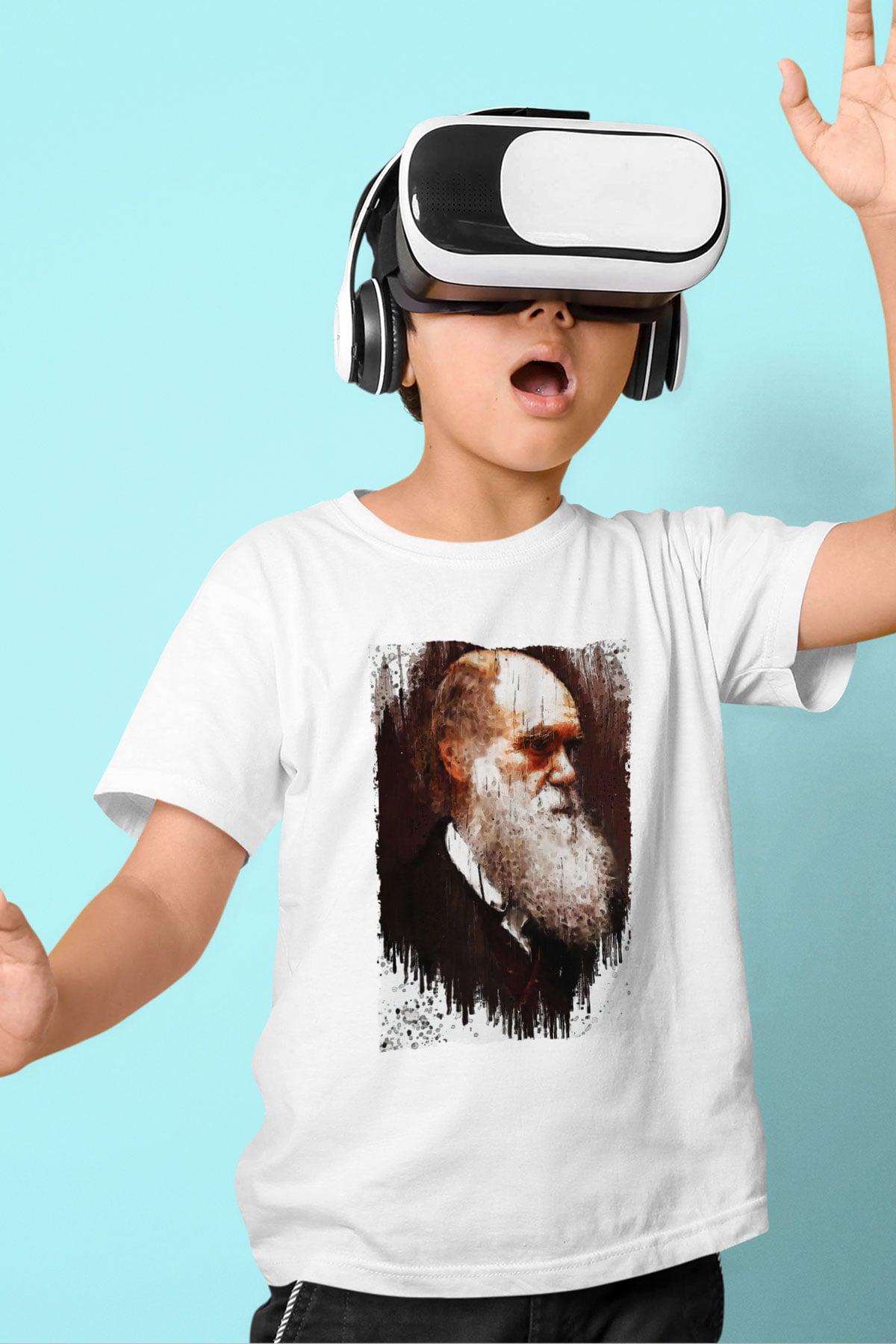 Charles Darwin Portre Baskılı Unisex Beyaz Çocuk Tişörtü - Tshirt