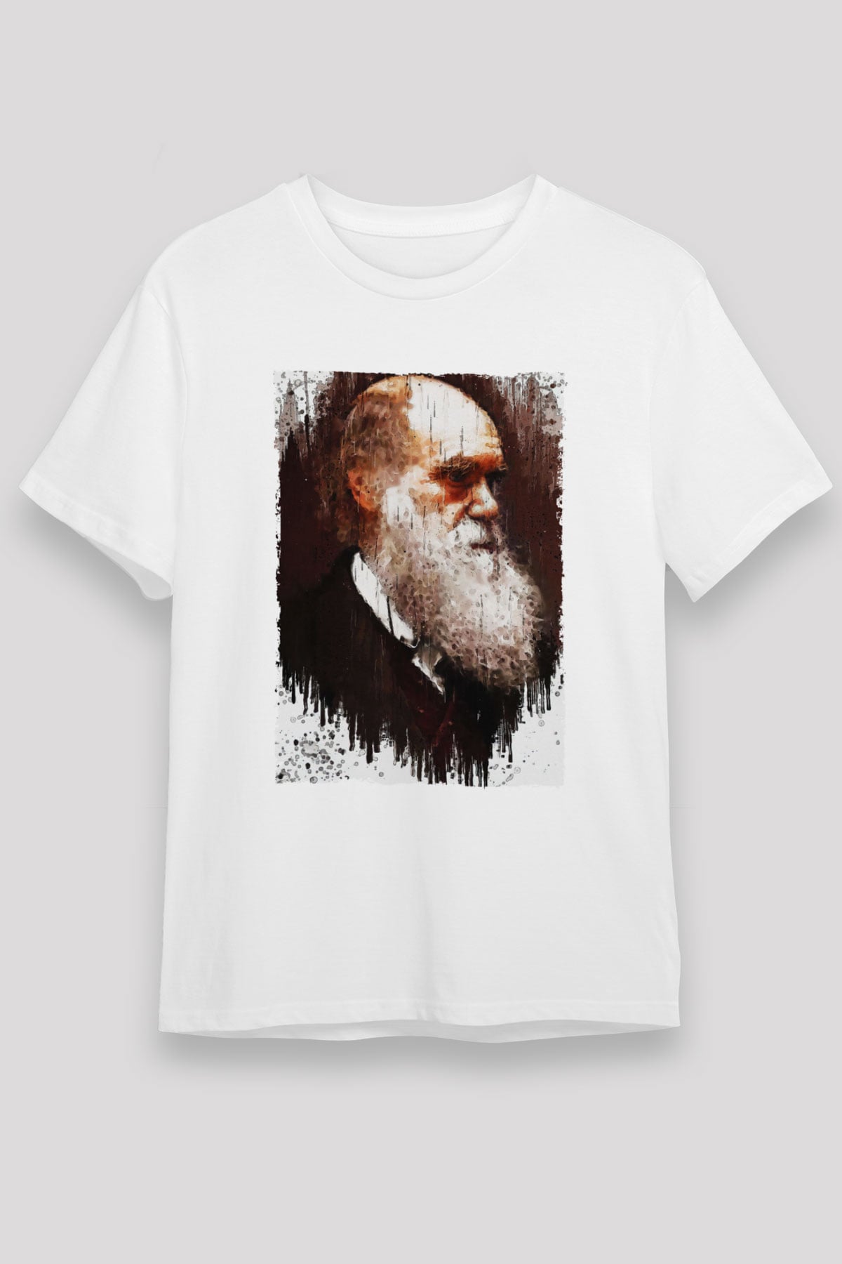 Charles Darwin Portre Baskılı Unisex Beyaz Tişört - Tshirt