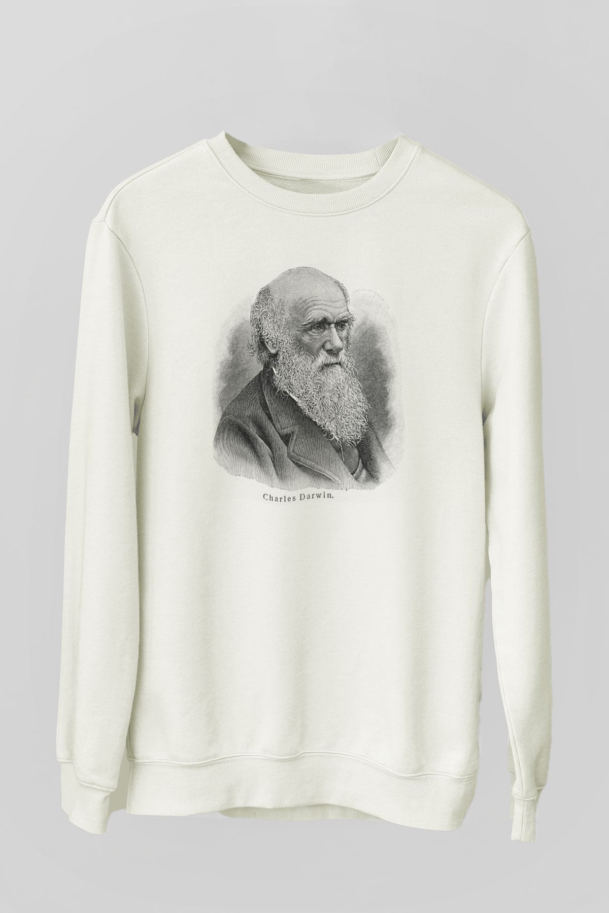 Charles Darwin Portre Baskılı Unisex Beyaz Sweatshirt