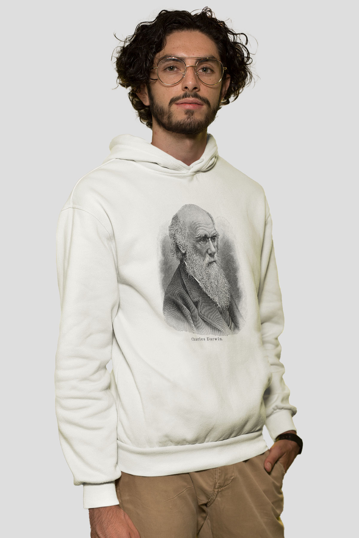 Charles Darwin Portre Baskılı Unisex Beyaz Hoodie