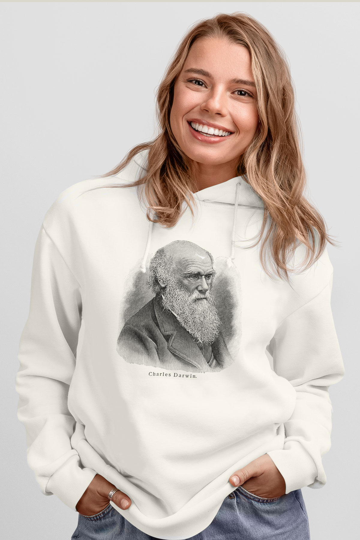 Charles Darwin Portre Baskılı Unisex Beyaz Hoodie