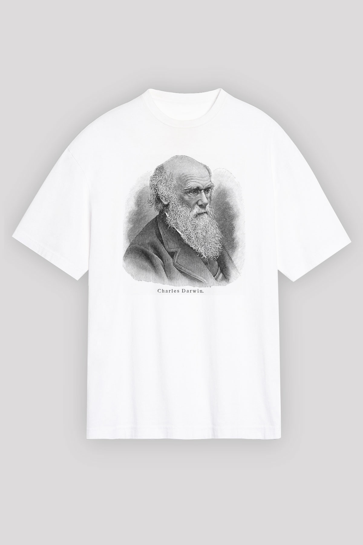 Charles Darwin Portre Baskılı Unisex Beyaz Oversize Tişört