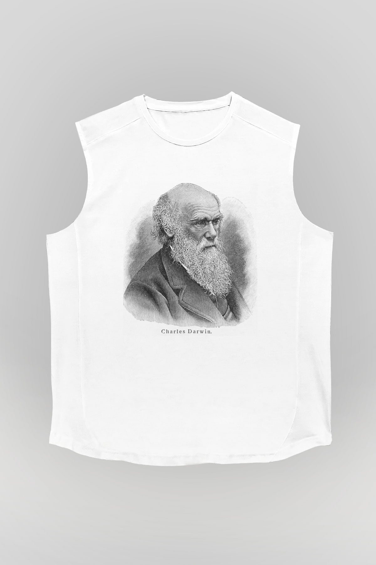 Charles Darwin Portre Baskılı Unisex Beyaz Kolsuz Tişört