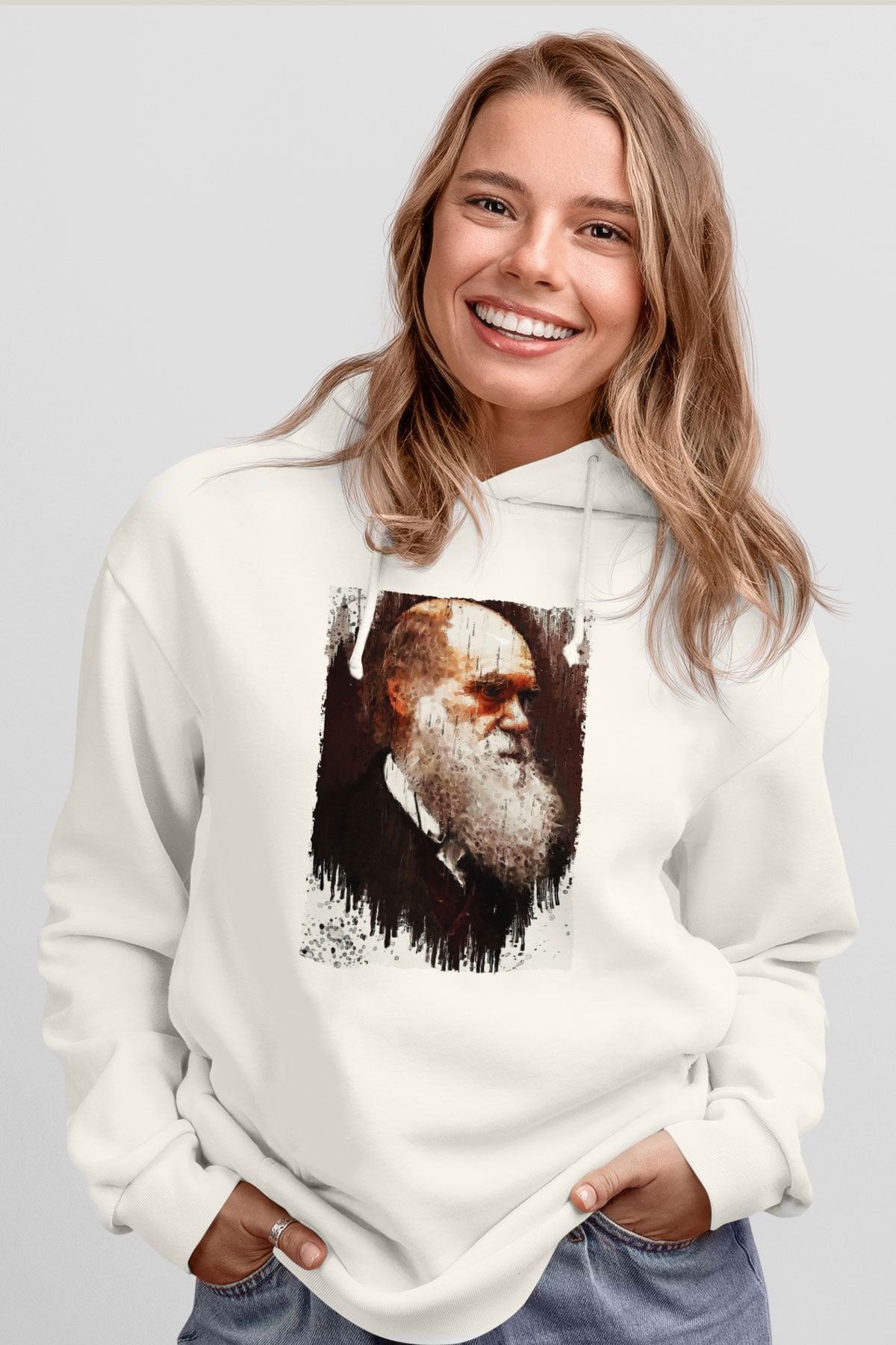 Charles Darwin Portre Baskılı Unisex Ekru Hoodie
