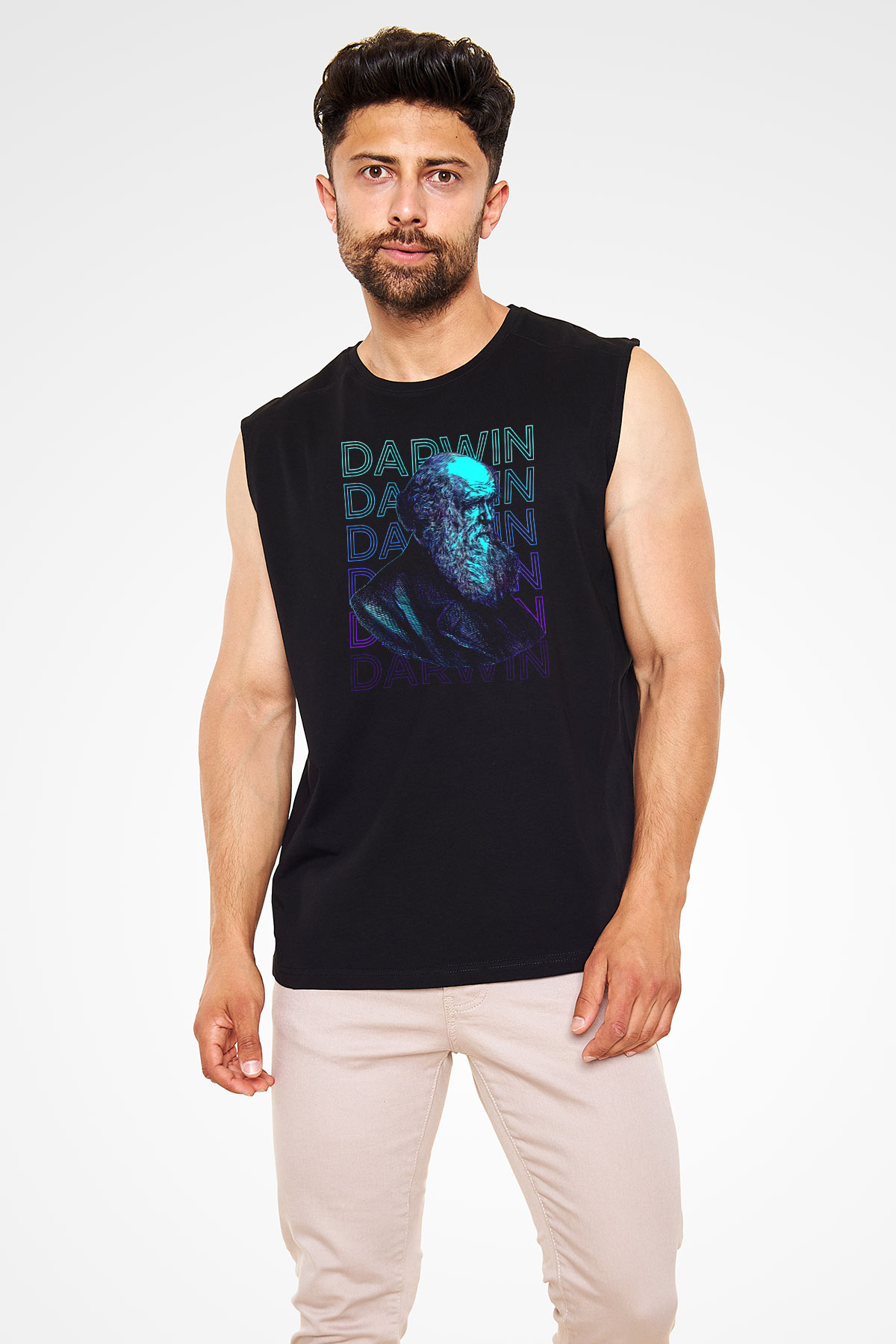 Charles Darwin Portre Baskılı Unisex Kolsuz Siyah Tişört - Tshirt