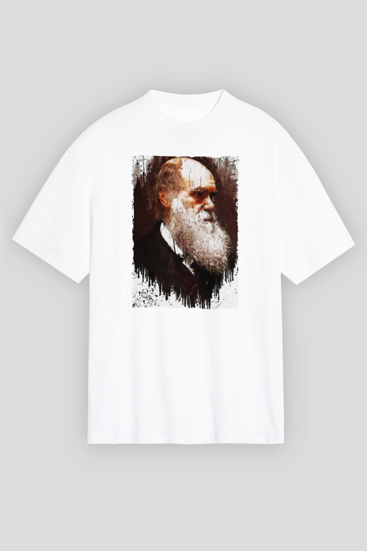 Charles Darwin Portre Baskılı Unisex Oversize Beyaz Tişört - Tshirt