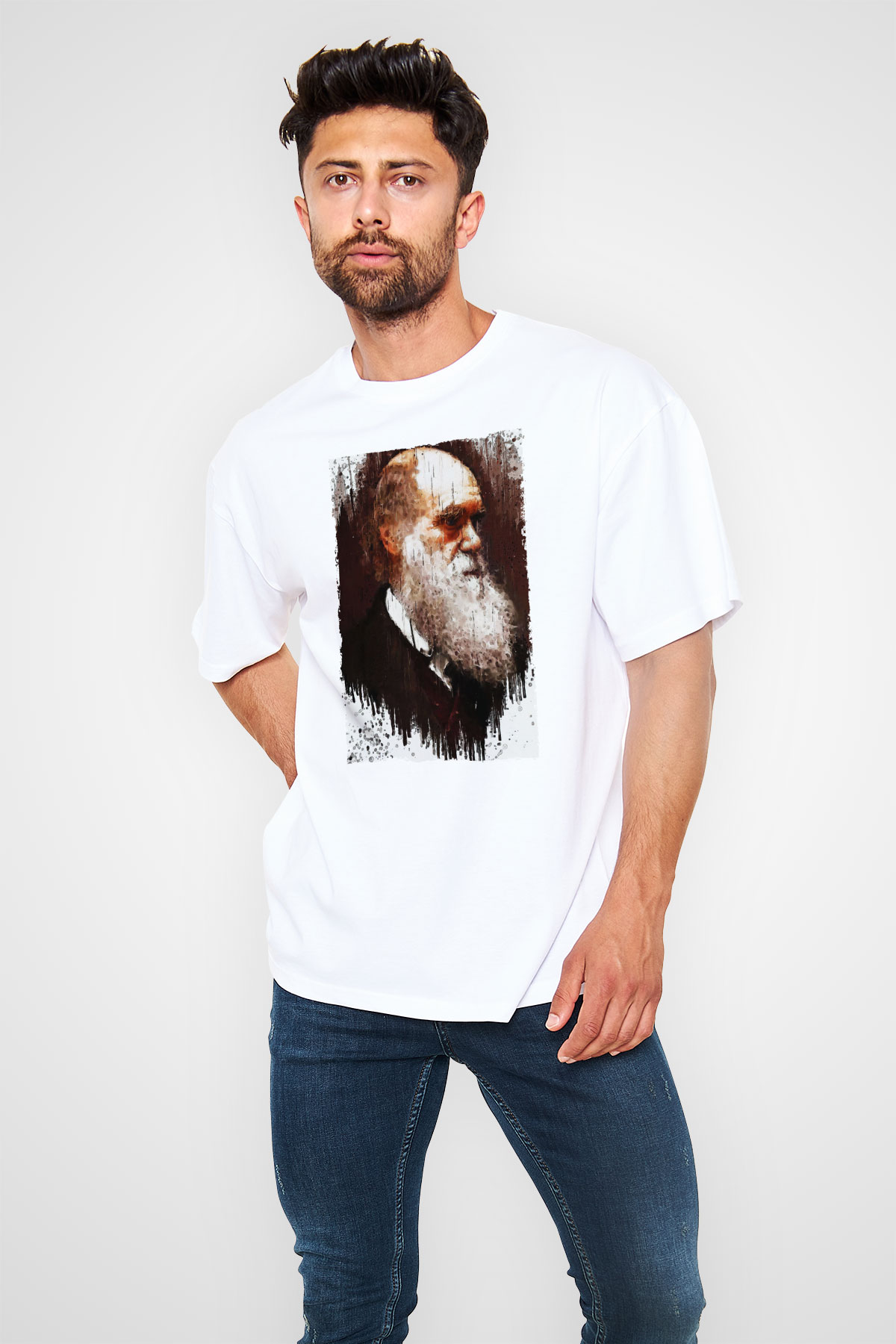 Charles Darwin Portre Baskılı Unisex Oversize Beyaz Tişört - Tshirt