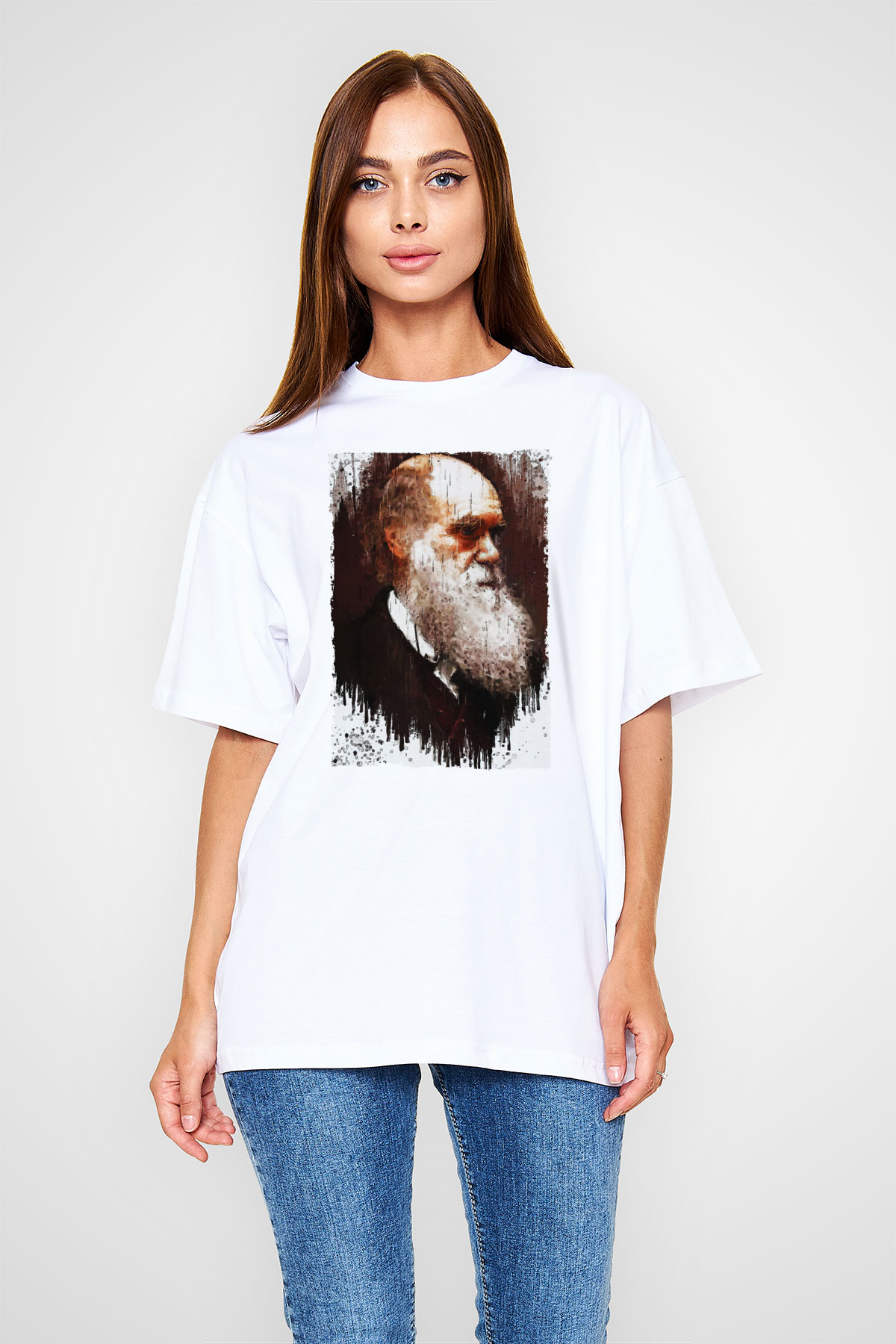 Charles Darwin Portre Baskılı Unisex Oversize Beyaz Tişört - Tshirt