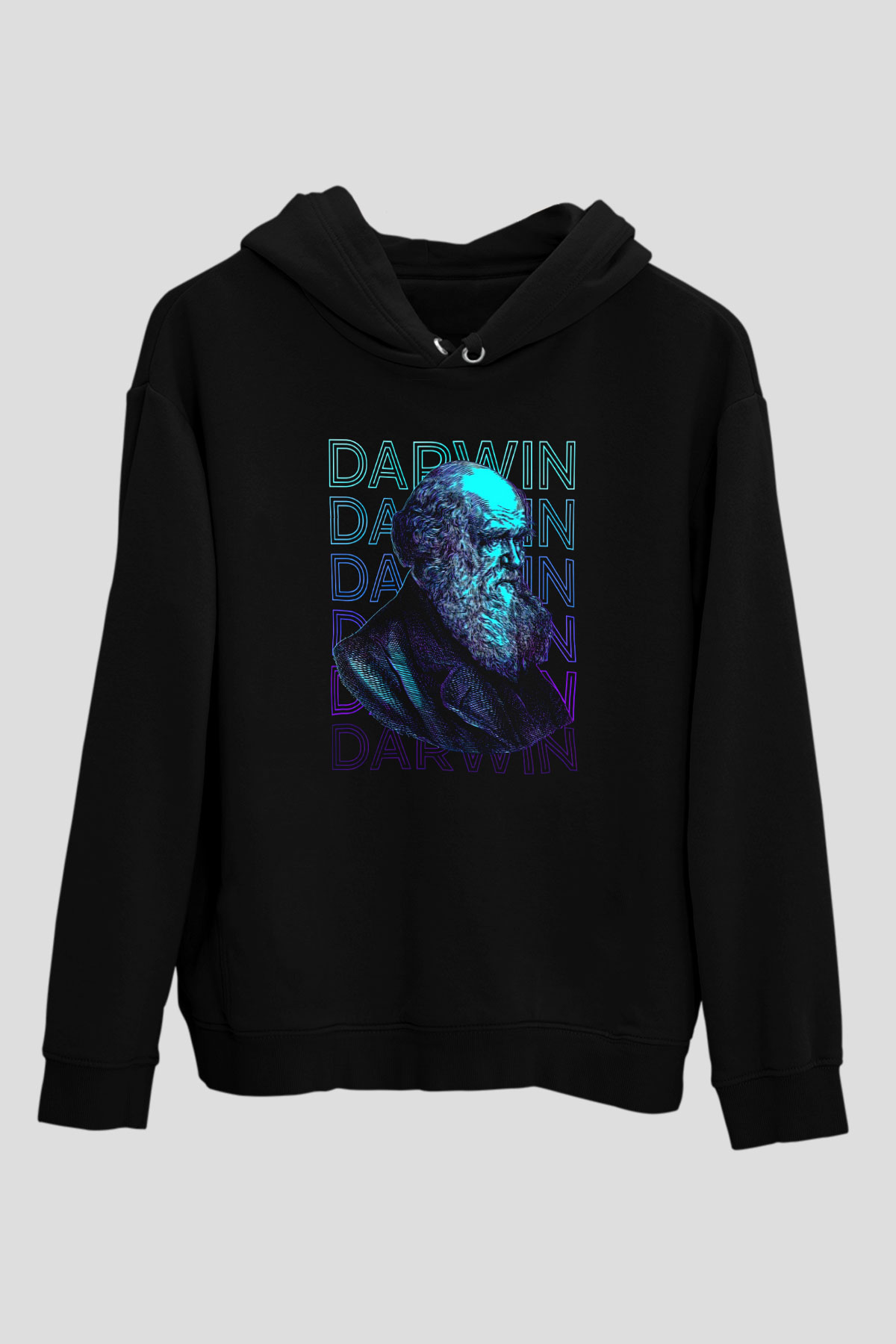 Charles Darwin Portre Baskılı Unisex Siyah Hoodie