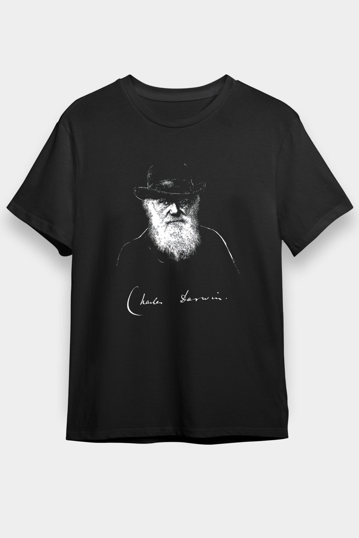 Charles Darwin Portre Baskılı Unisex Siyah Tişört - Tshirt