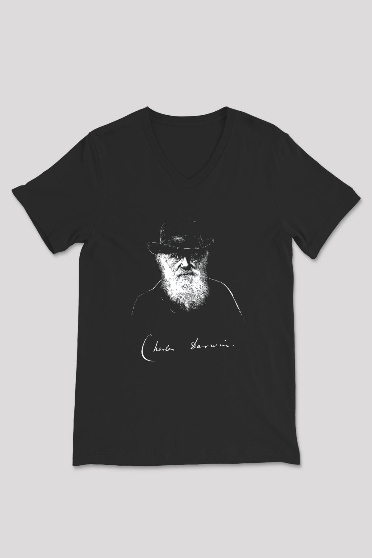 Charles Darwin Portre Baskılı Unisex V Yaka Siyah Tİşört - Tshirt