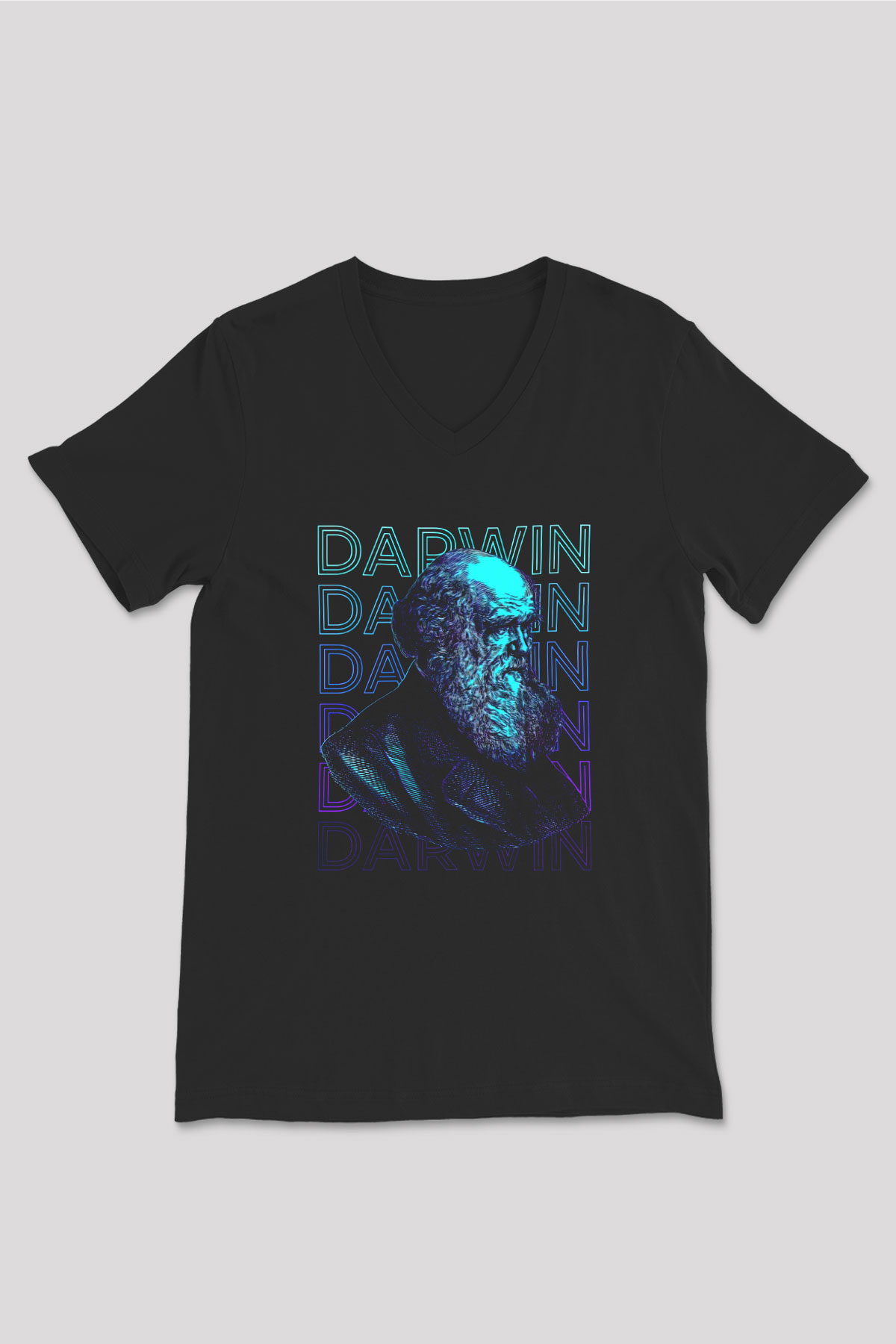 Charles Darwin Portre Baskılı Unisex V Yaka Siyah Tİşört - Tshirt