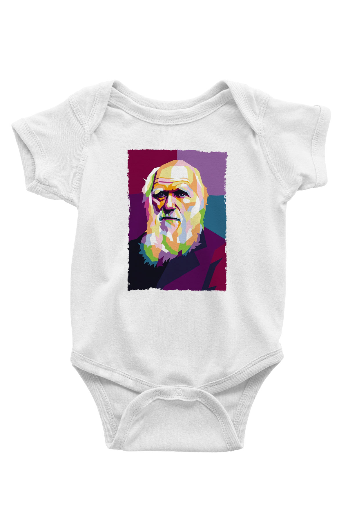 Charles Darwin Renkli Portre Baskılı Beyaz Bebek Body - Zıbın