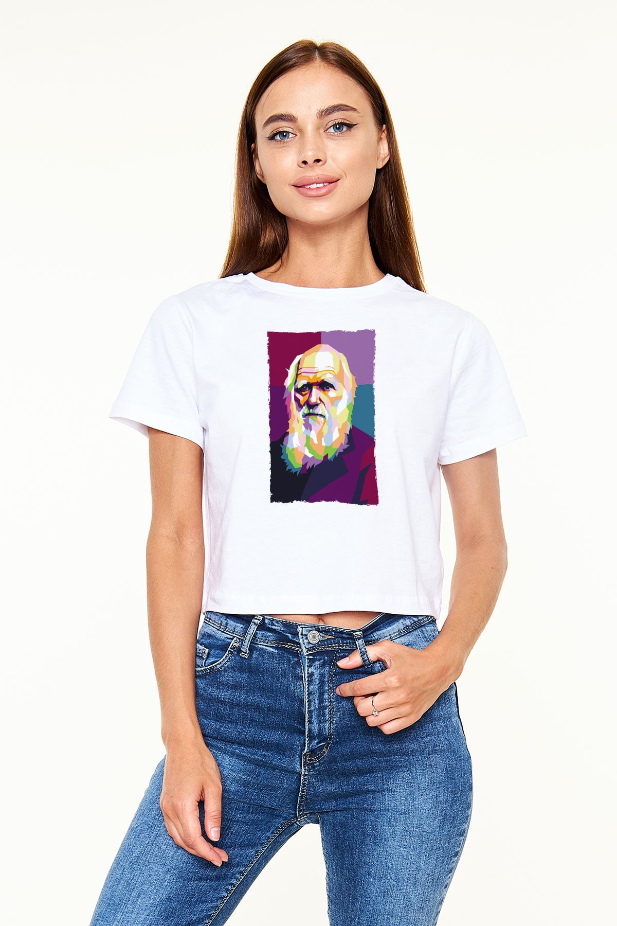 Charles Darwin Renkli Portre Baskılı Kadın Crop Top Beyaz Tişört