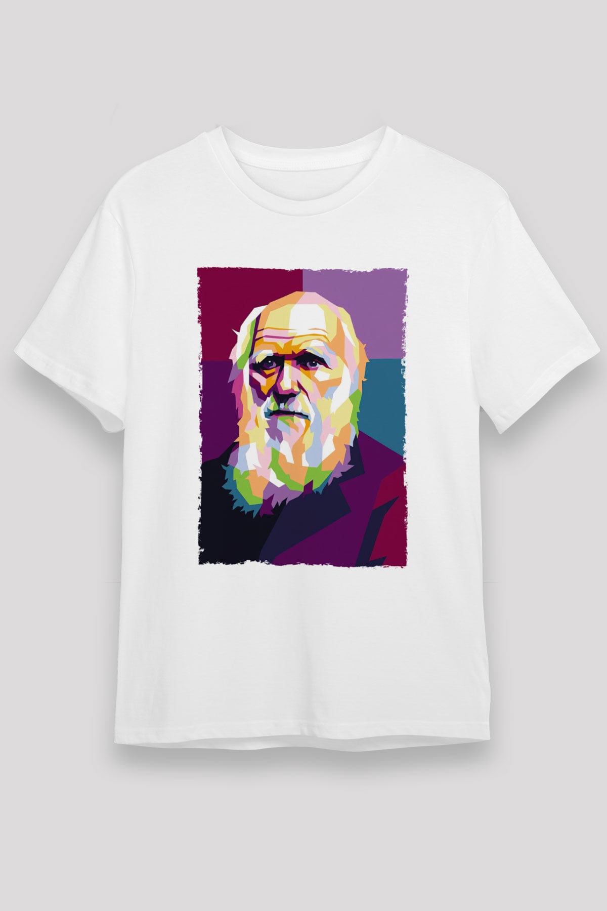 Charles Darwin Renkli Portre Baskılı Unisex Beyaz Tişört - Tshirt