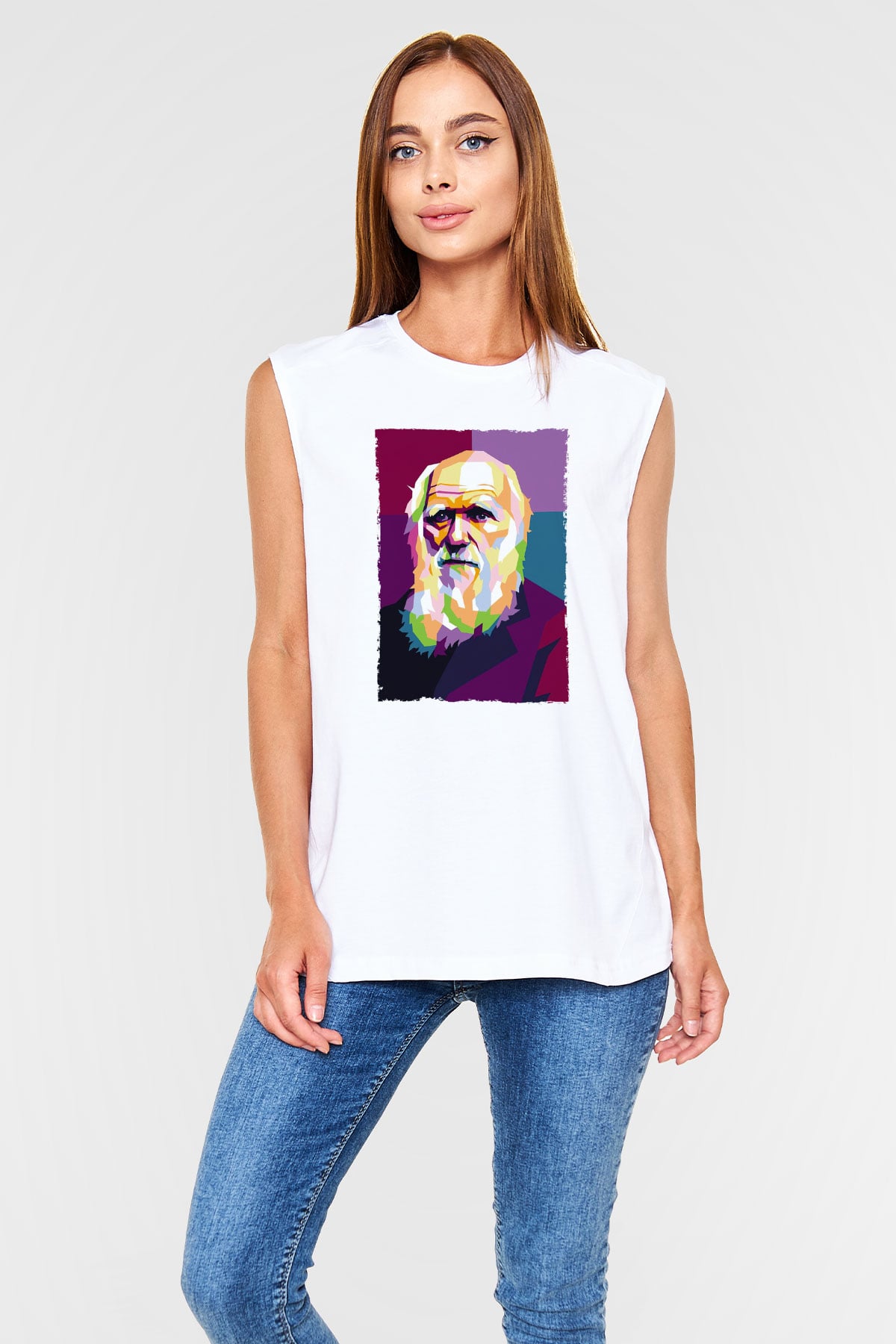Charles Darwin Renkli Portre Baskılı Unisex Kolsuz Beyaz Tişört - Tshirt