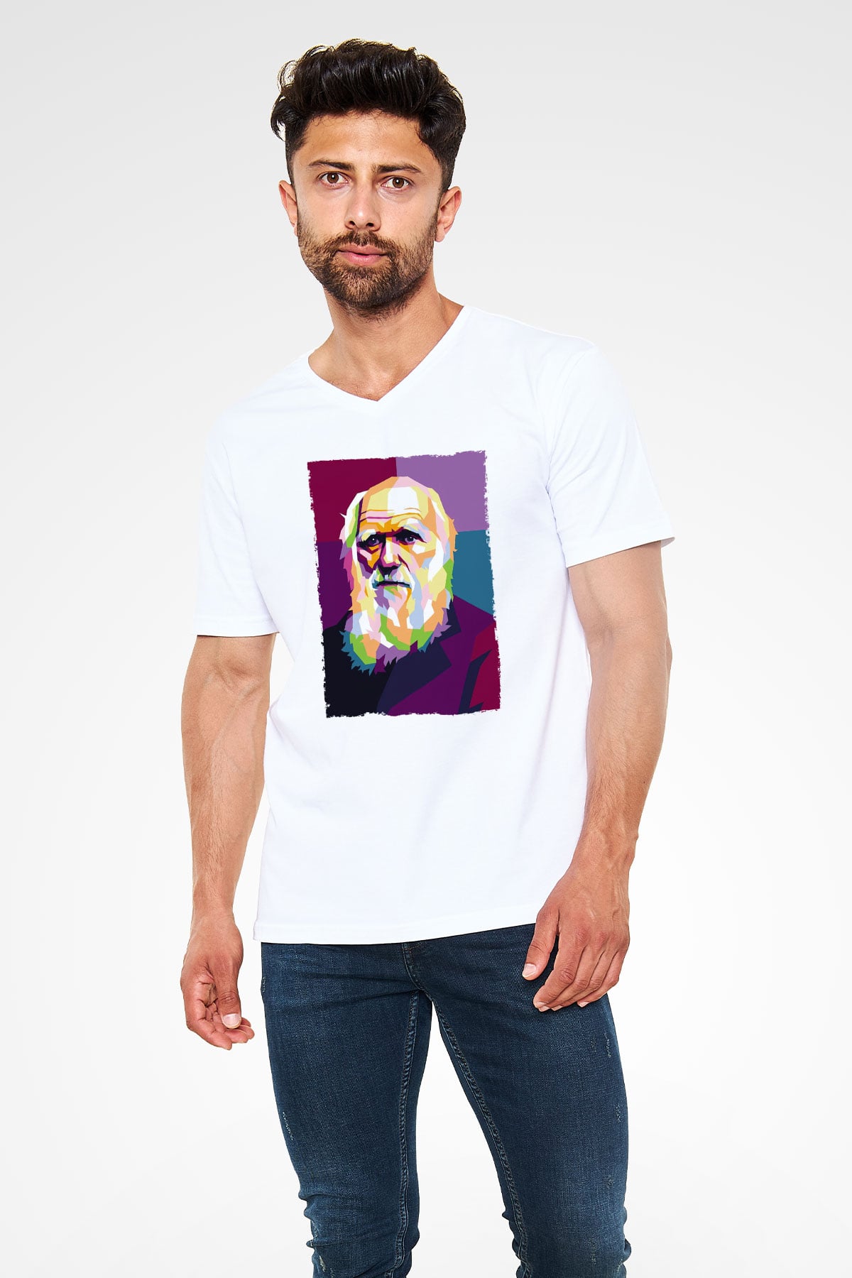 Charles Darwin Renkli Portre Baskılı Unisex V Yaka Beyaz Tişört - Tshirt