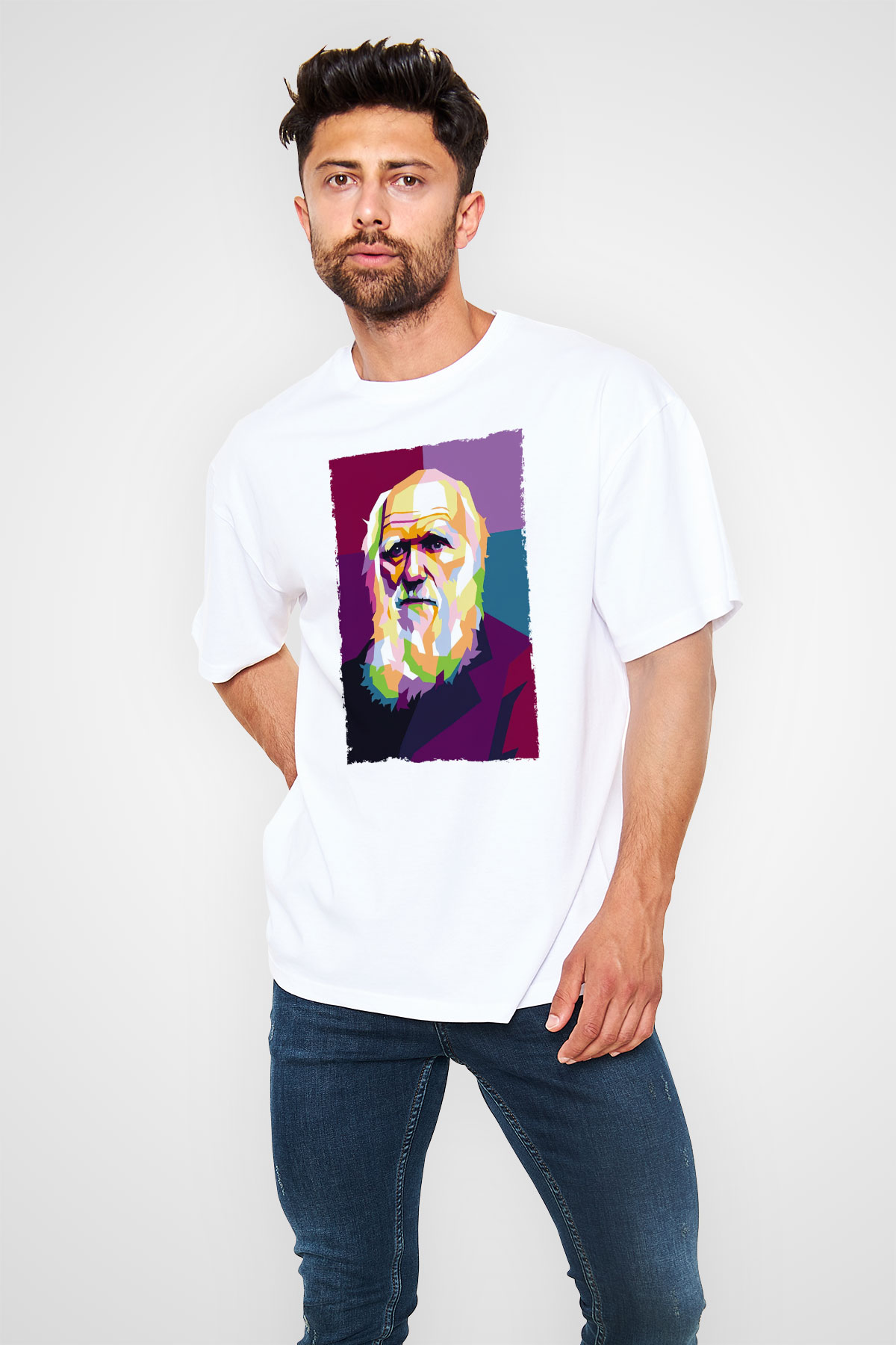 Charles Darwin Renkli Portre Baskılı Unisex Oversize Beyaz Tişört - Tshirt